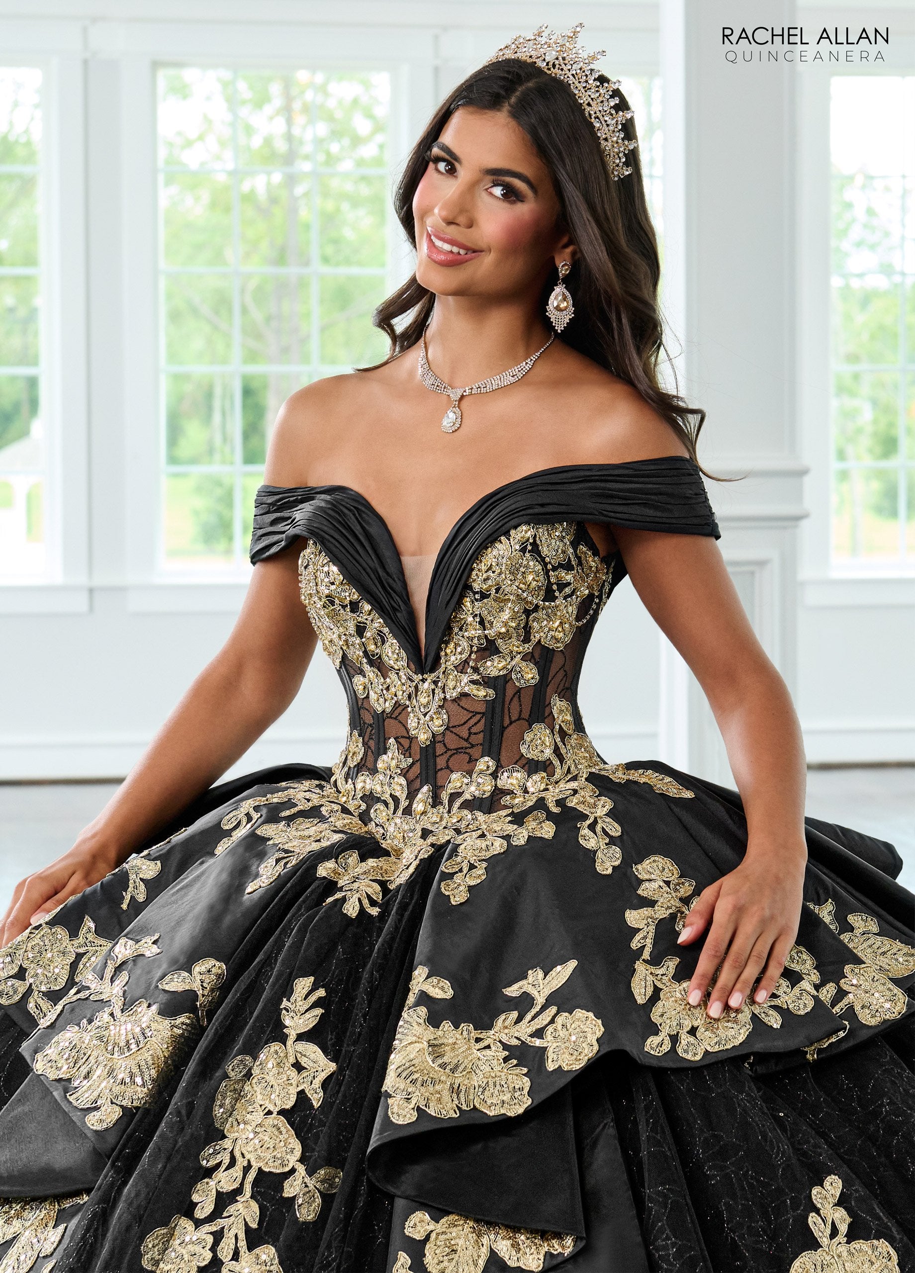 Quinceniera Dresses Long Quinceanera Dress Beaded Glitter Ball Gown Black Gold