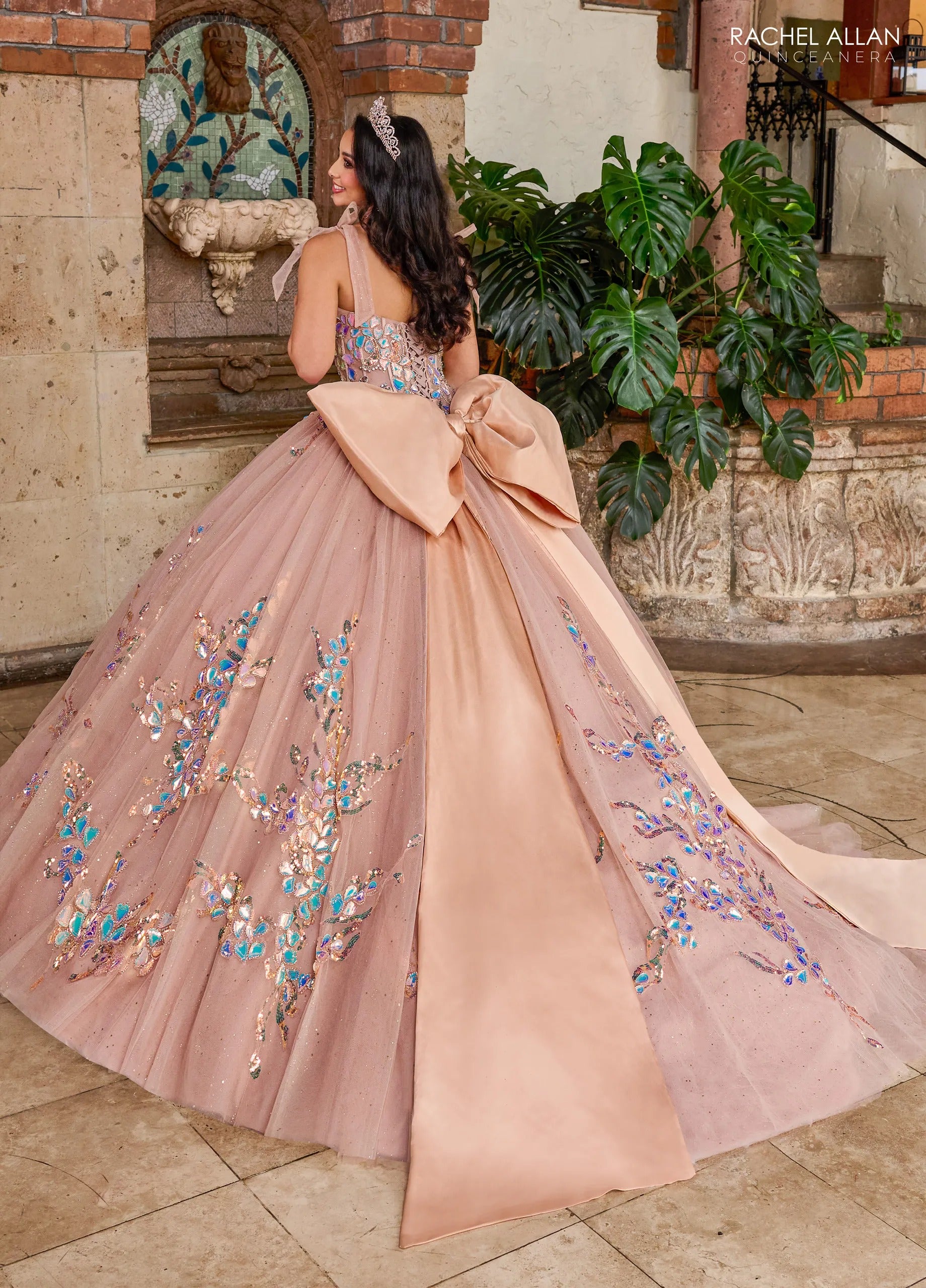 Latte Sweetheart Floor Length Glitter Tulle Quinceanera Ball Gown with Sheer Embroidered Bodice Rachel Allan RQ2203