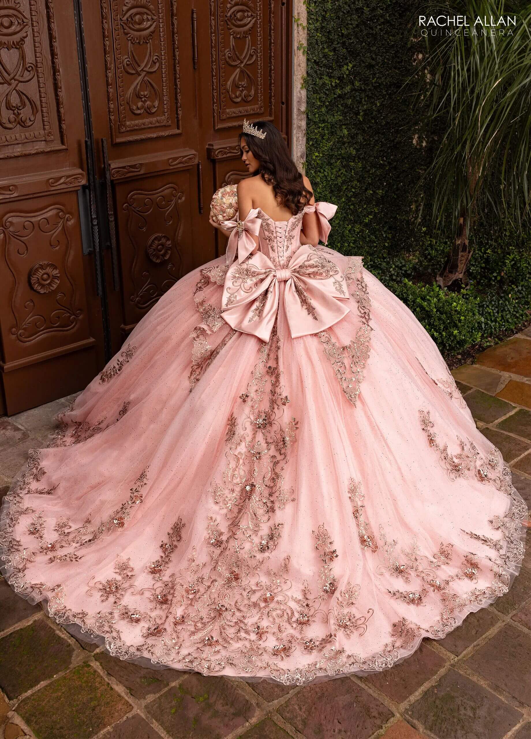 Blush Rose Gold Off the Shoulder Floor Length Glitter Tulle Quinceanera Ball Gown with 3D Floral Appliques and Detachable Rachel Allan RQ3155
