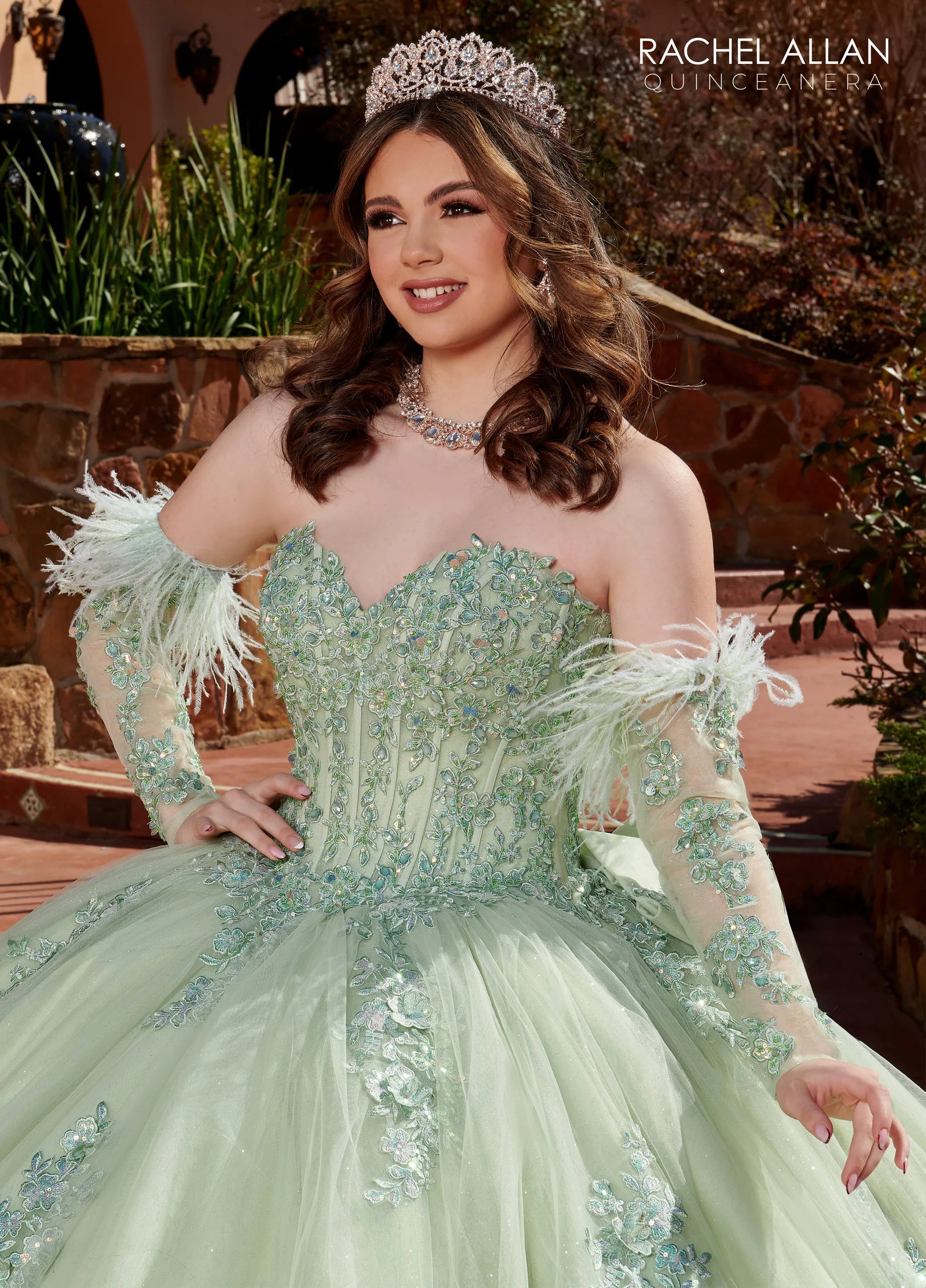 Sage Sweetheart Floor-Length Glitter Tulle Quinceanera Ball Gown with Detachable Feather Sleeves Rachel Allan RQ2171
