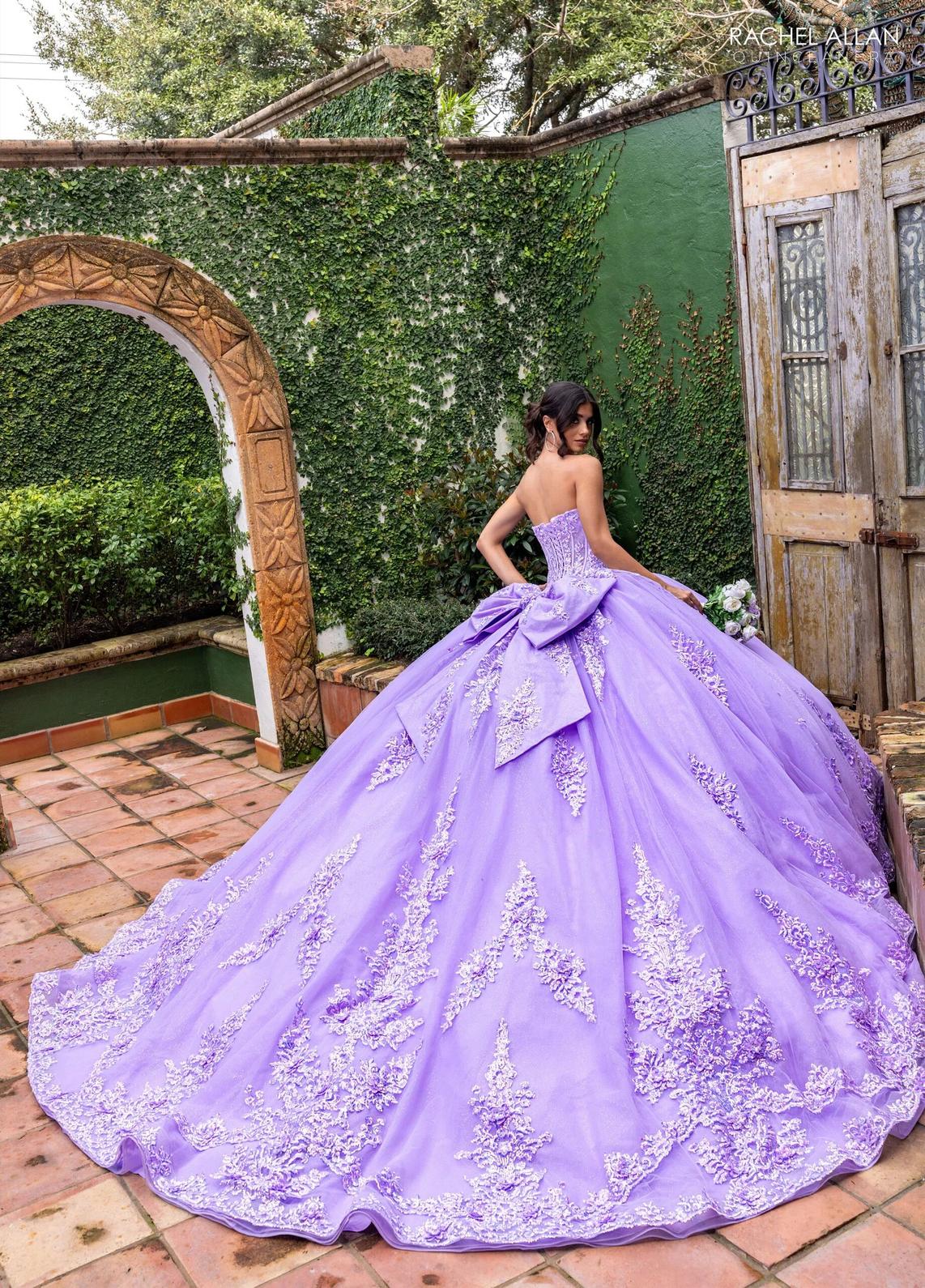 Lilac Sweetheart Floor Length Glitter Tulle Quinceanera Ball Gown with 3D Floral Applique Rachel Allan RQ2225