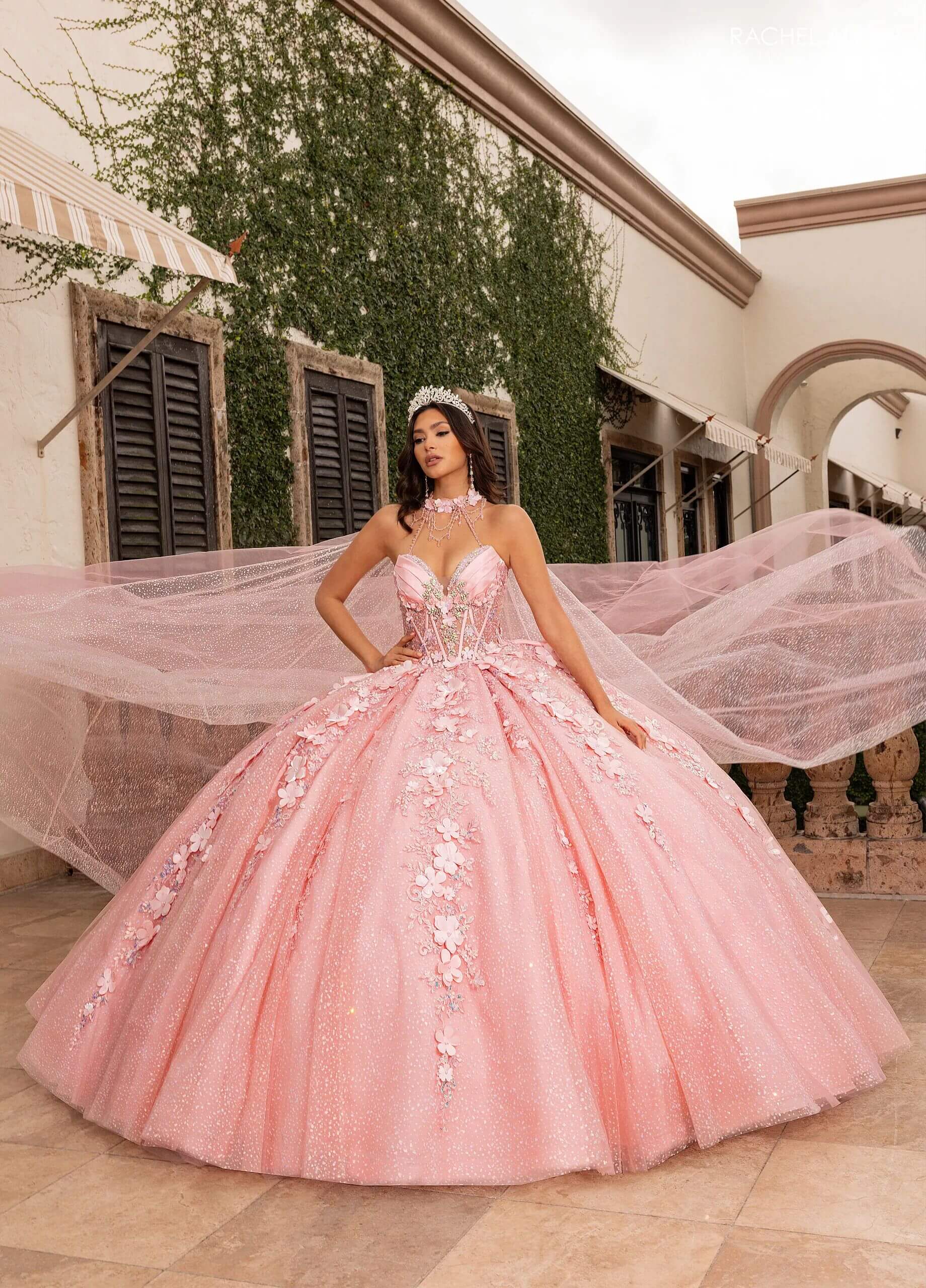 Blush Sweetheart Floor Length Glitter Tulle Quinceanera Ball Gown with 3D Floral Appliques Detachable Bow and Optional Rachel Allan RQ3162
