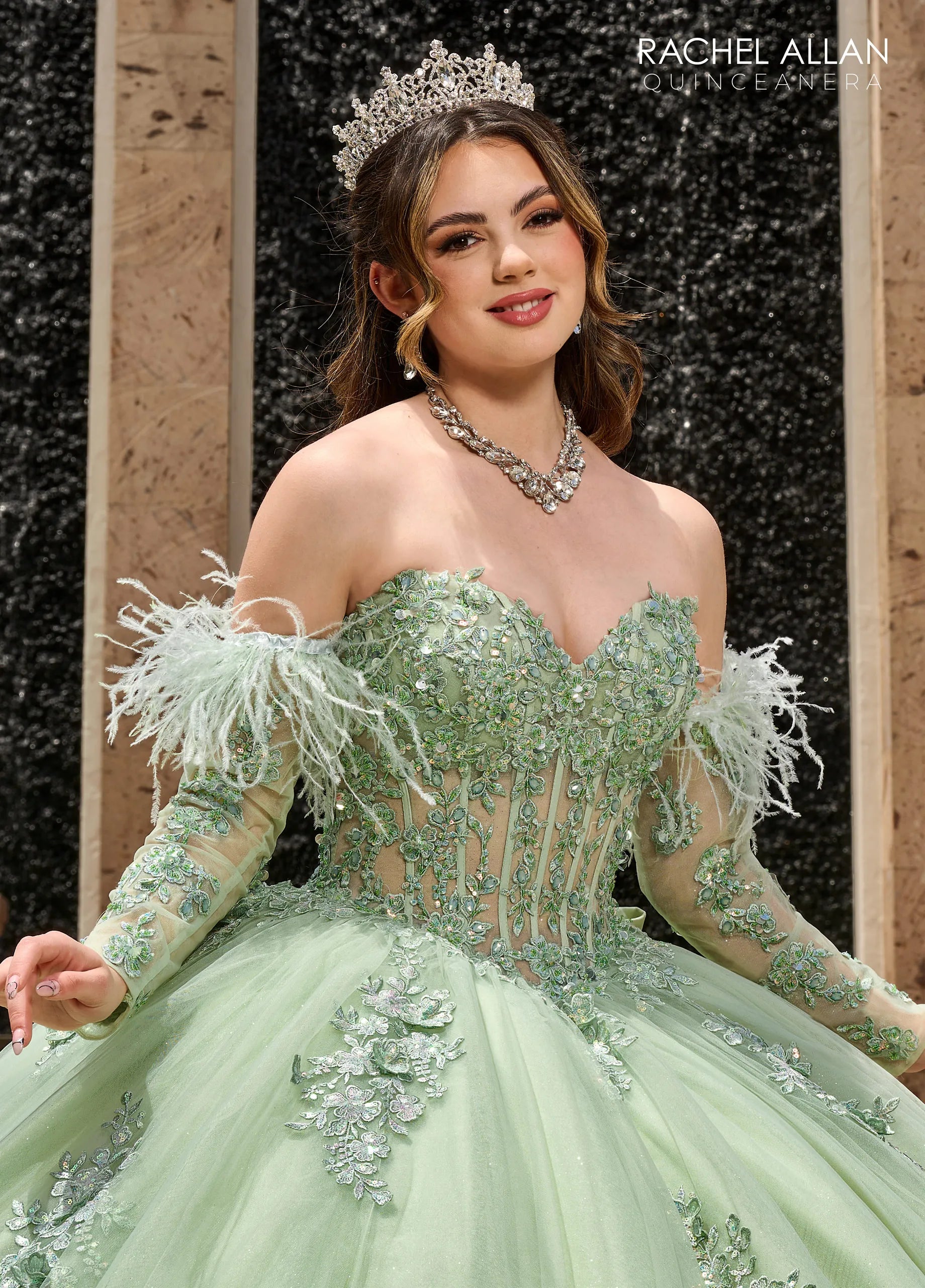 V-Neck Floor-Length Glitter Tulle Quinceanera Ball Gown with 3D Flowers Rachel Allan RQ1125