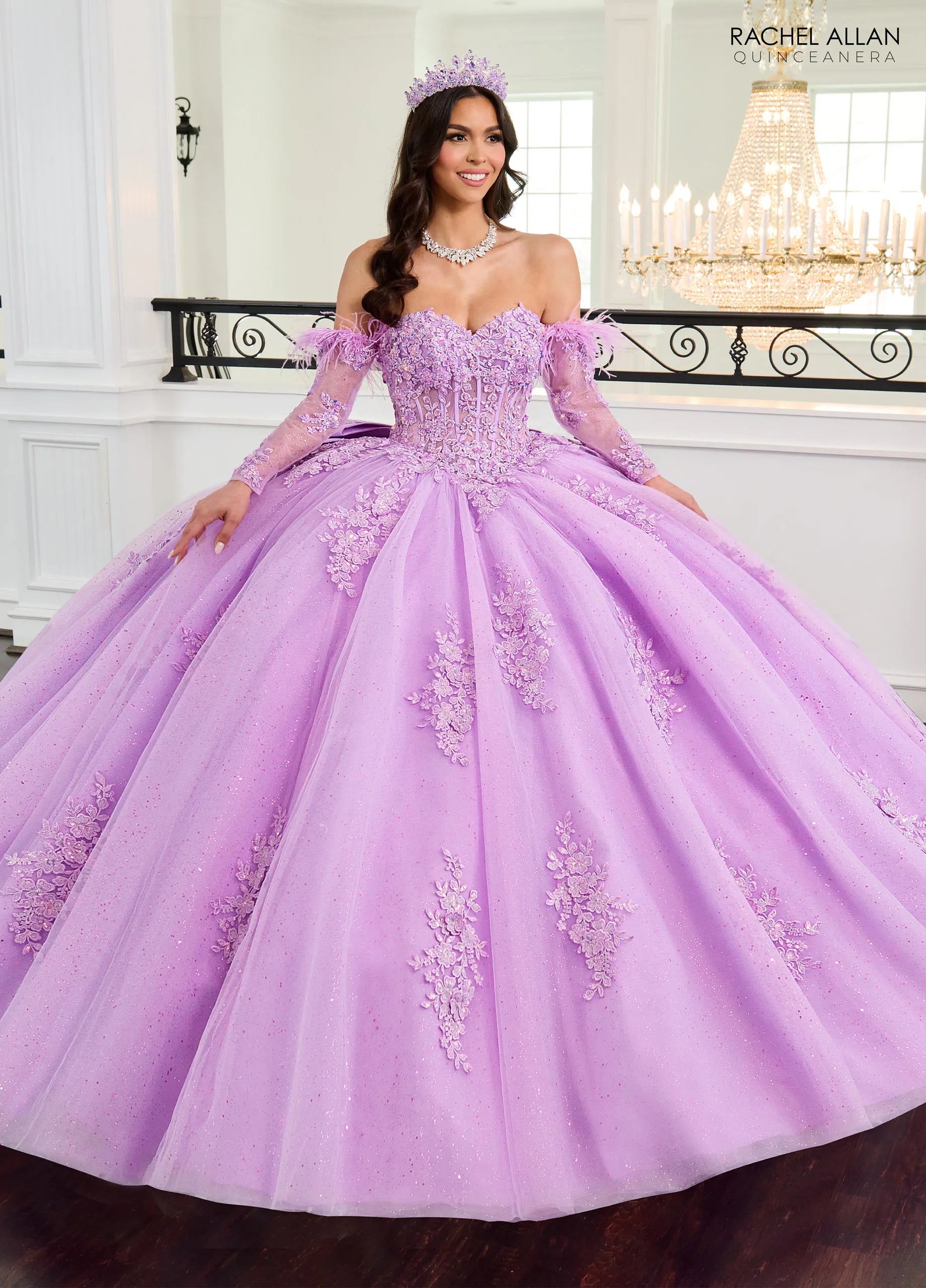 Lilac Sweetheart Floor-Length Glitter Tulle Quinceanera Ball Gown with Detachable Feather Sleeves Rachel Allan RQ2171