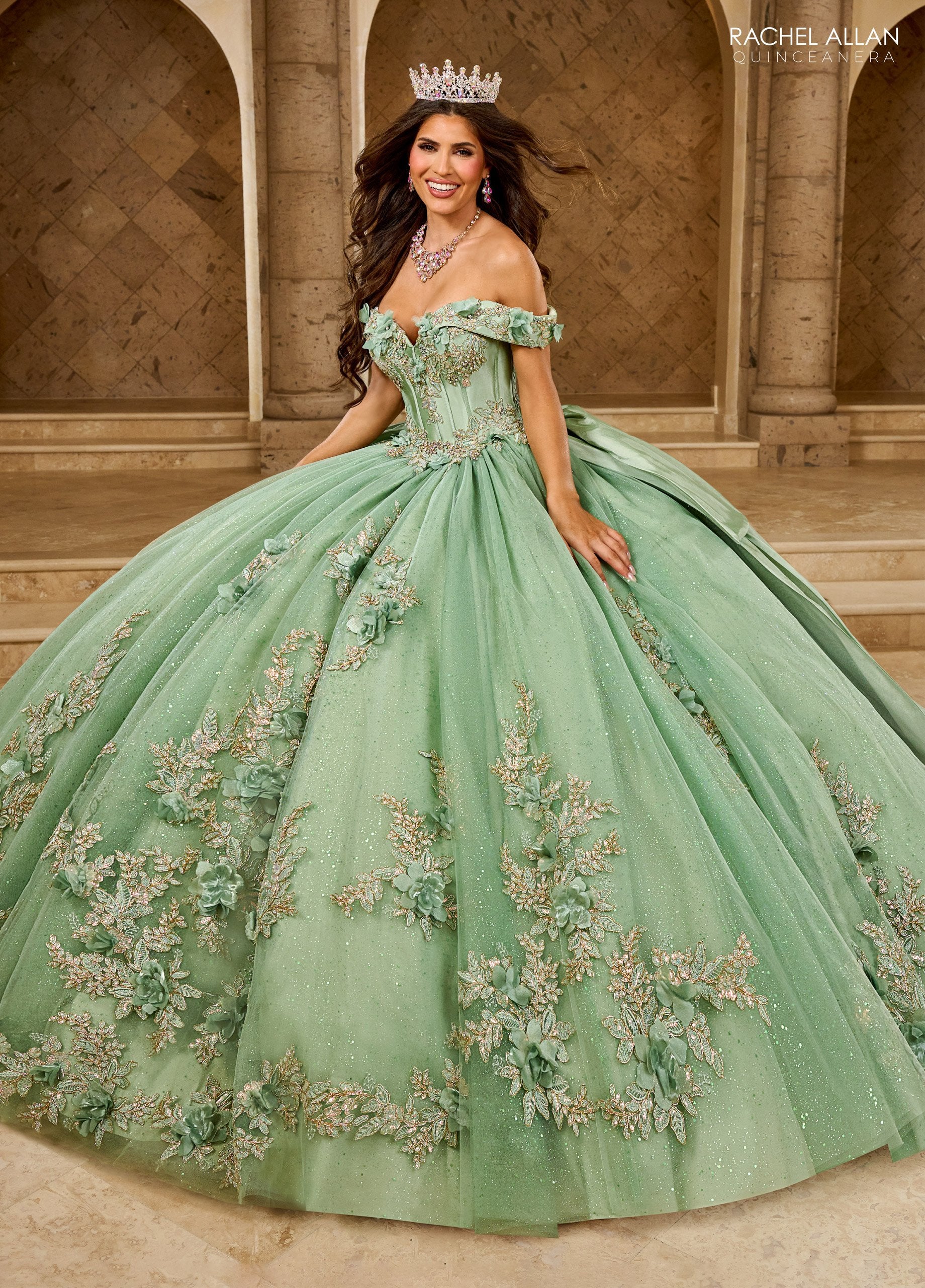 Quinceniera Dresses Long Glitter Ball Gown Lace Quinceanera Dress Sage