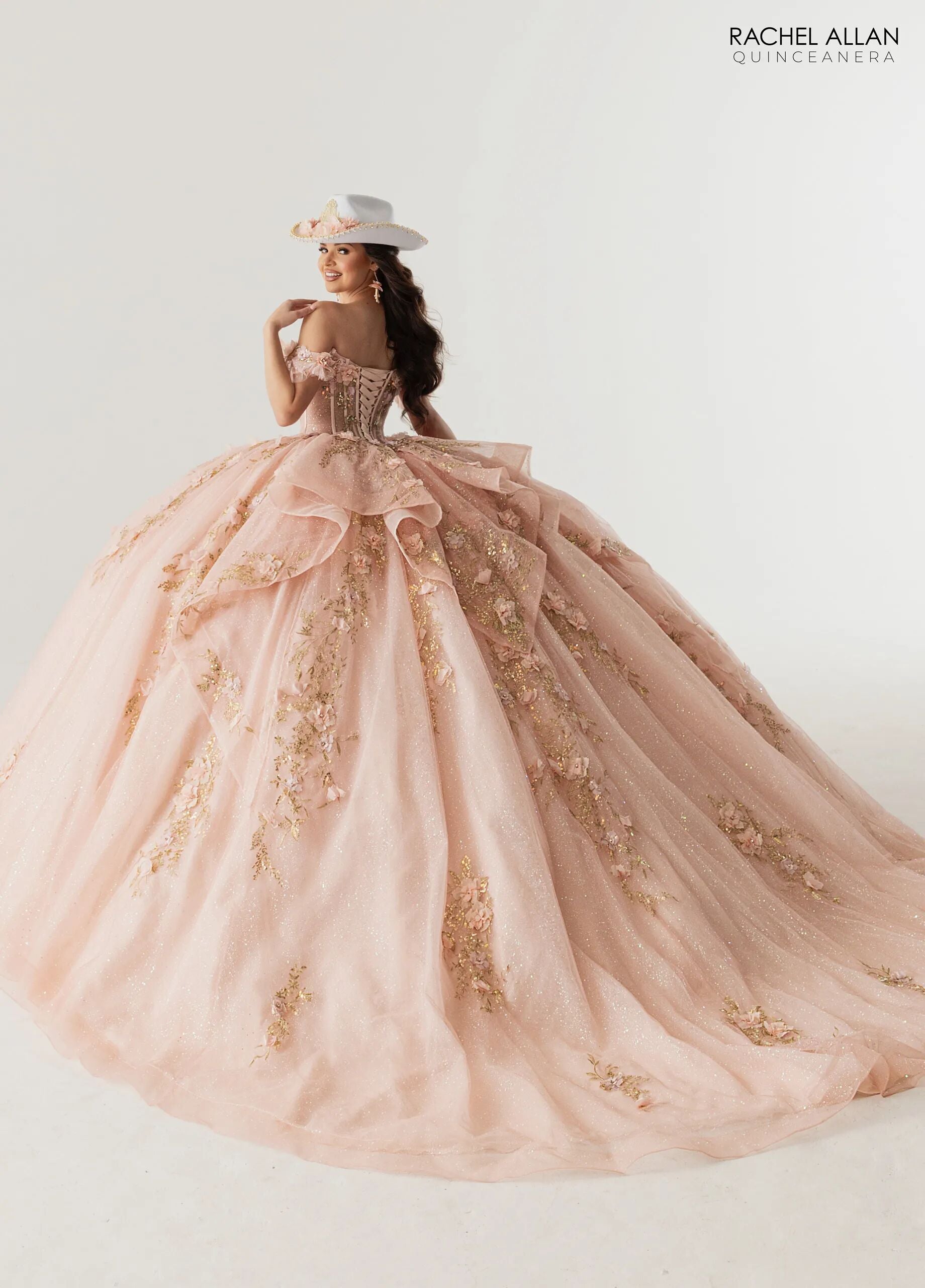 Rose Pink Gold Sweetheart Floor Length Glitter Tulle Quinceanera 3D Floral Applique Ball Gown Rachel Allan RQ2242