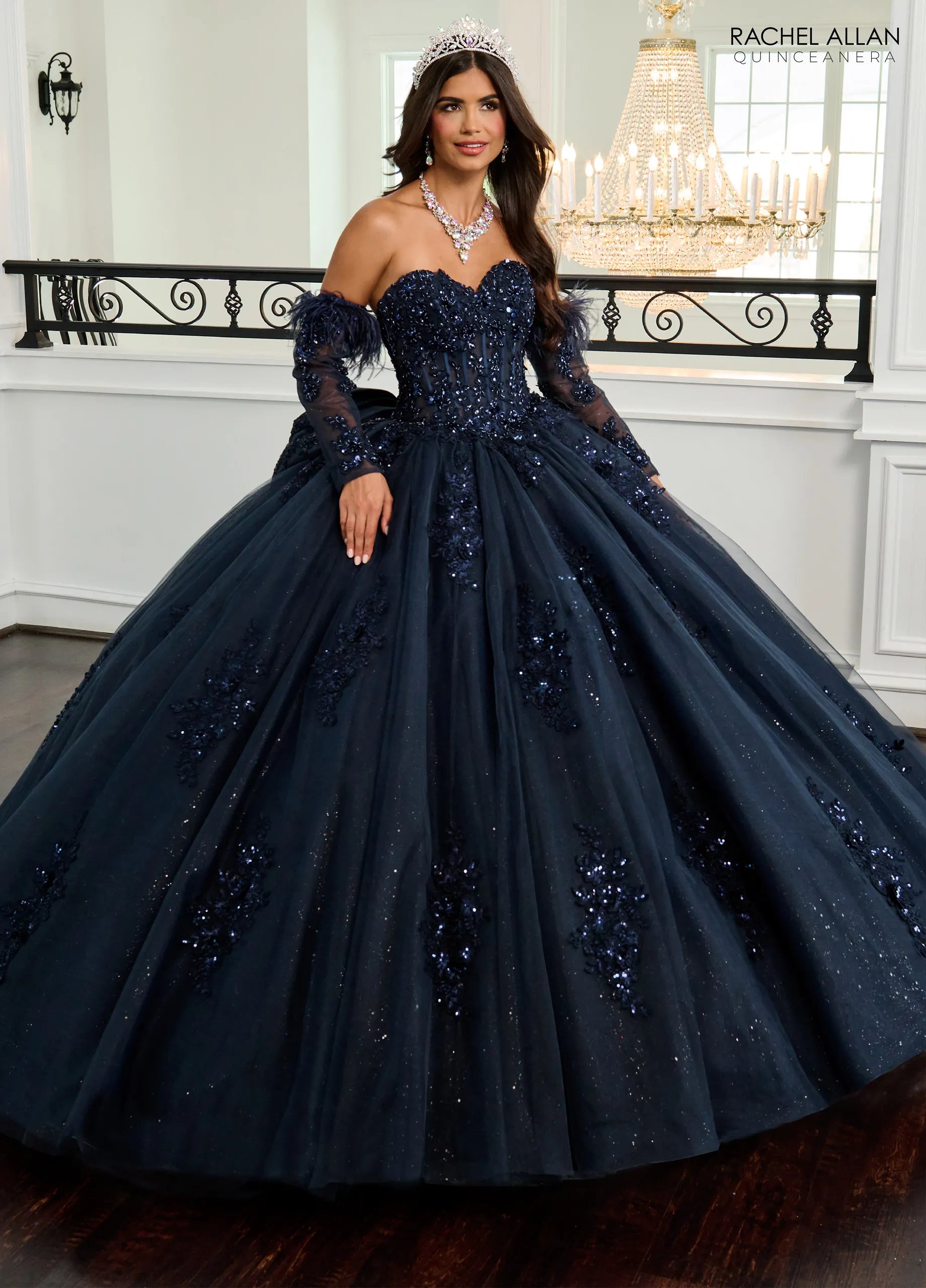 Navy Sweetheart Floor-Length Glitter Tulle Quinceanera Ball Gown with Detachable Feather Sleeves Rachel Allan RQ2171