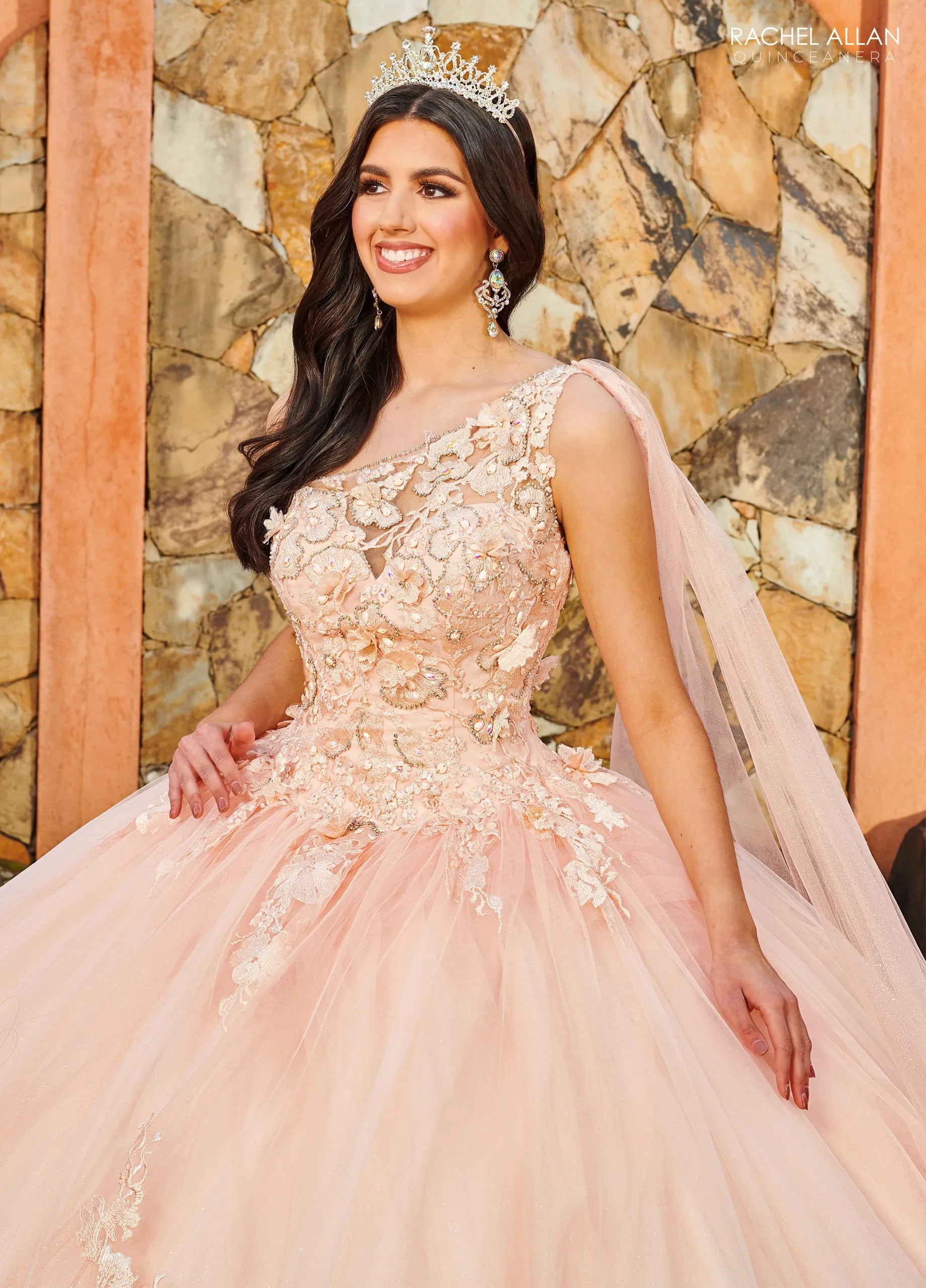 Blush One Shoulder Floor Length Glitter Tulle Quinceanera Ball Gown with Detachable Cape Rachel Allan MQ2152