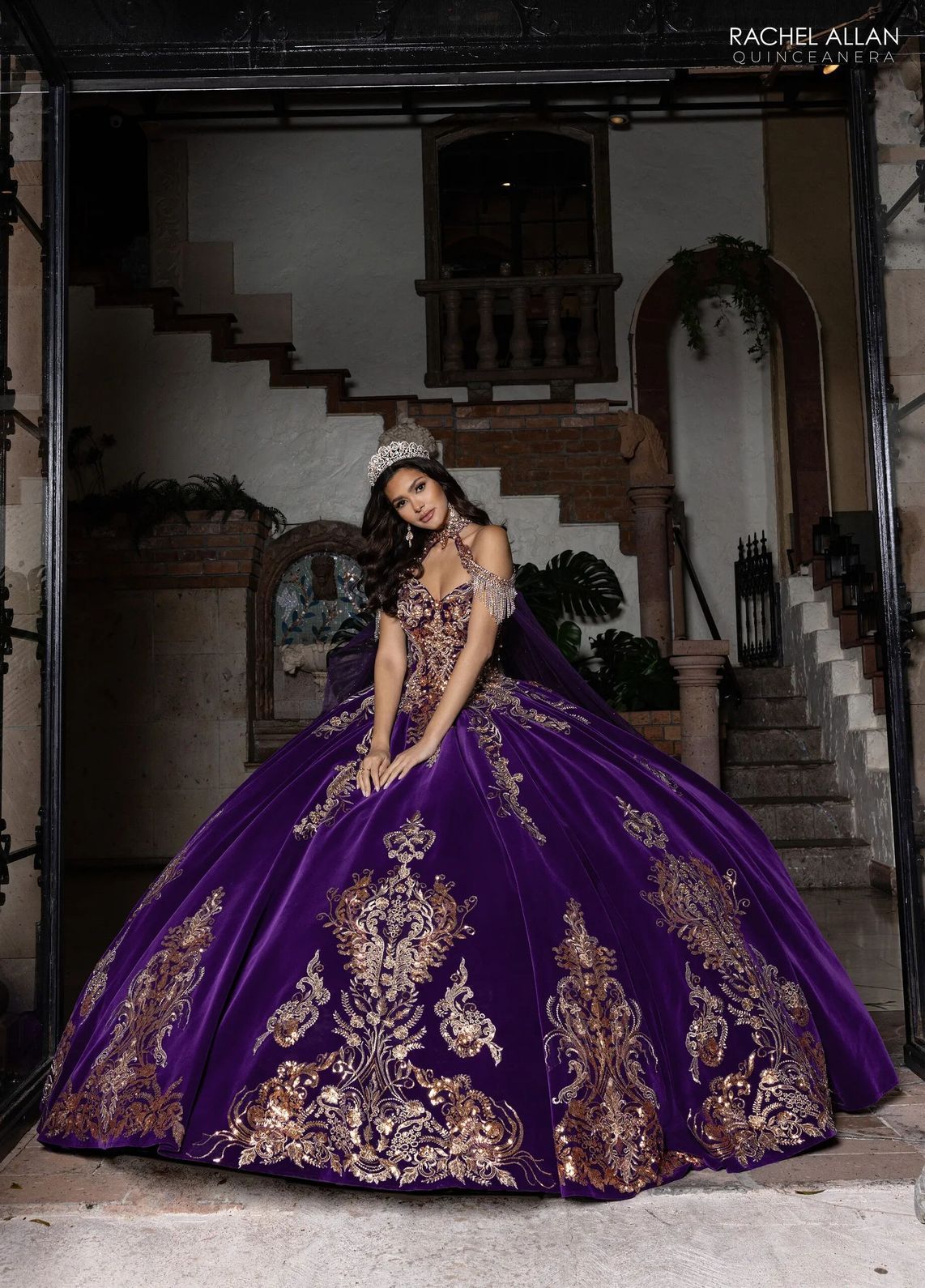 Purple Gold Sweetheart Floor Length Velvet Quinceanera Ball Gown with Metallic Embroidery Rachel Allan RQ3160