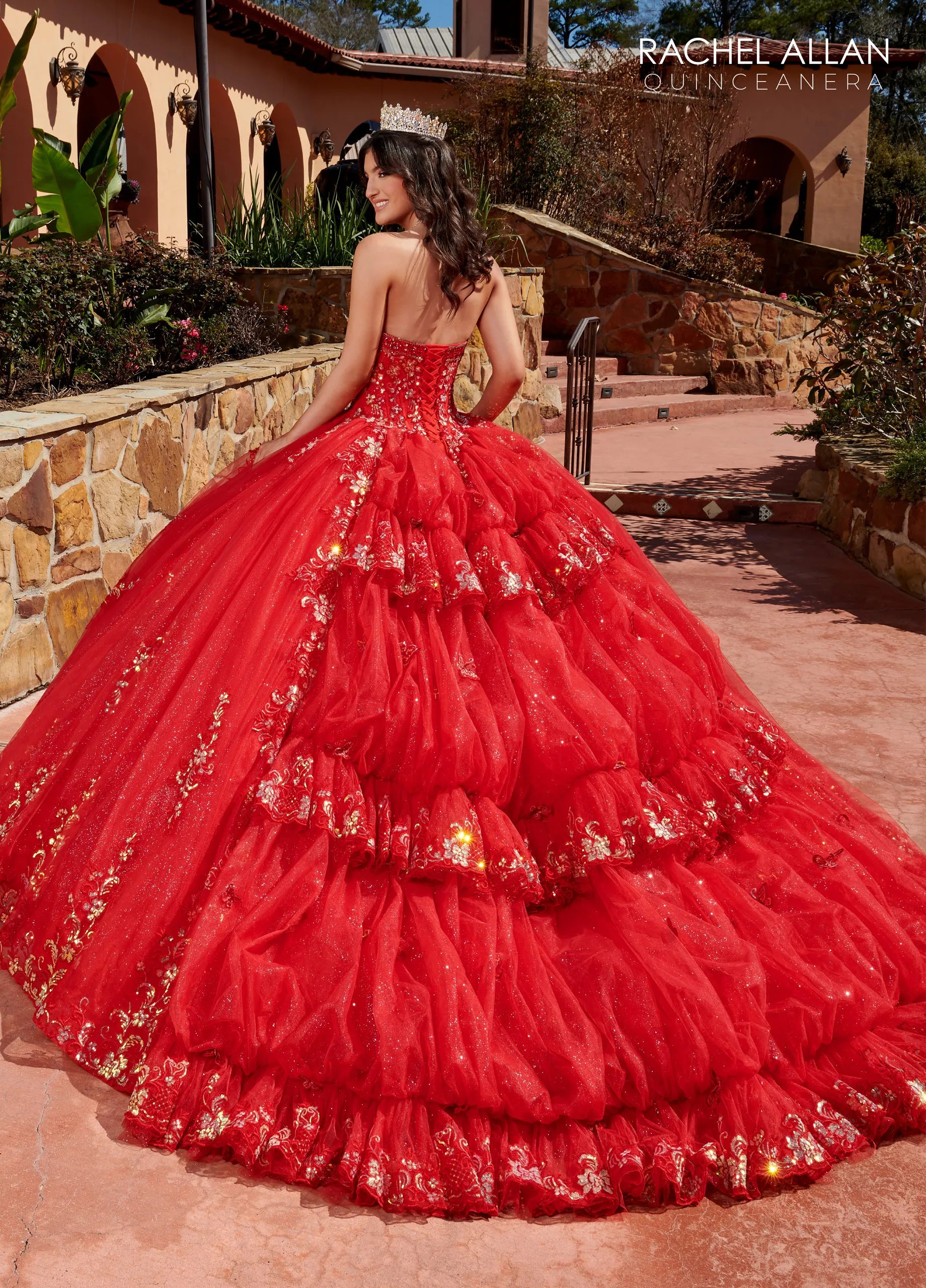 Red Sweetheart Floor-Length Glitter Tulle Quinceañera Ball Gown with Detachable Puff Sleeve Rachel Allan RQ2178