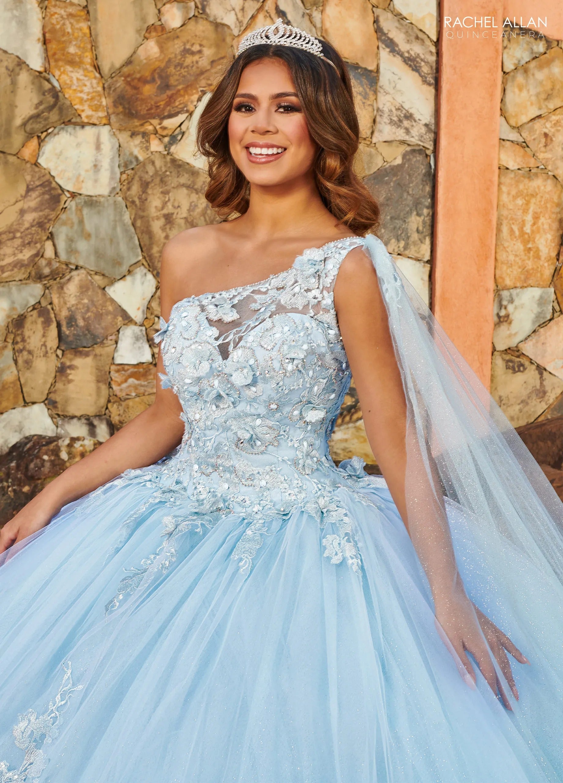 Light Blue One Shoulder Floor Length Glitter Tulle Quinceanera Ball Gown with Detachable Cape Rachel Allan MQ2152