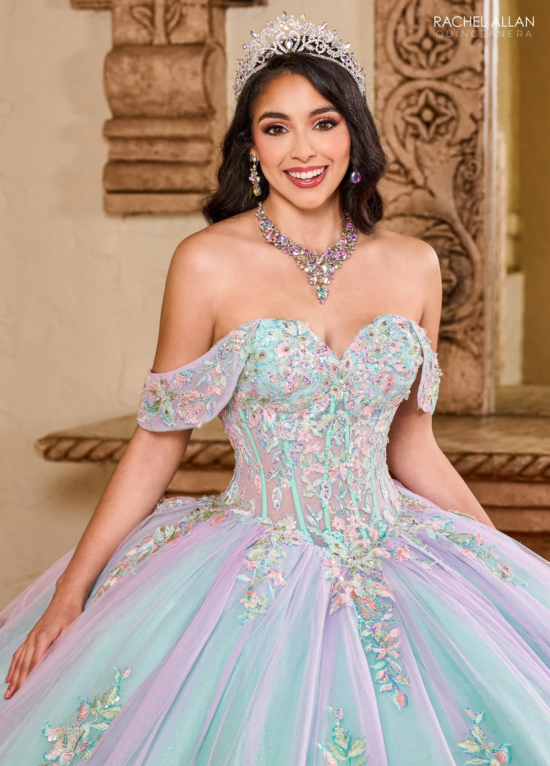 Lilac Aqua Sweetheart Floor Length Glitter Tulle Quinceanera Ball Gown Rachel Allan RQ2200
