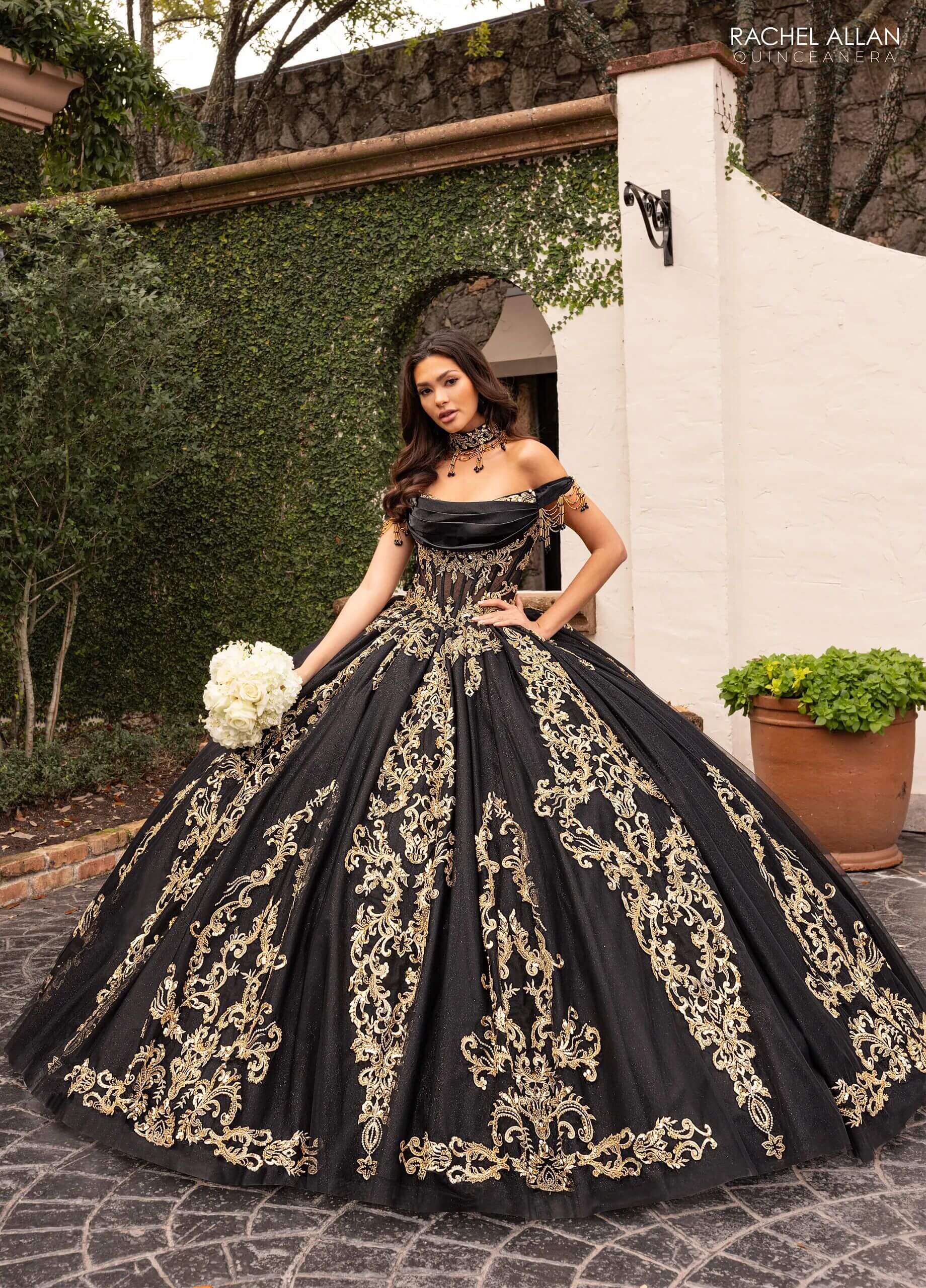 Black Gold Off the Shoulder Floor Length Glitter Tulle Quinceanera Ball Gown with Regal Applique Detachable Necklace and Bodice Liner Rachel Allan RQ2230