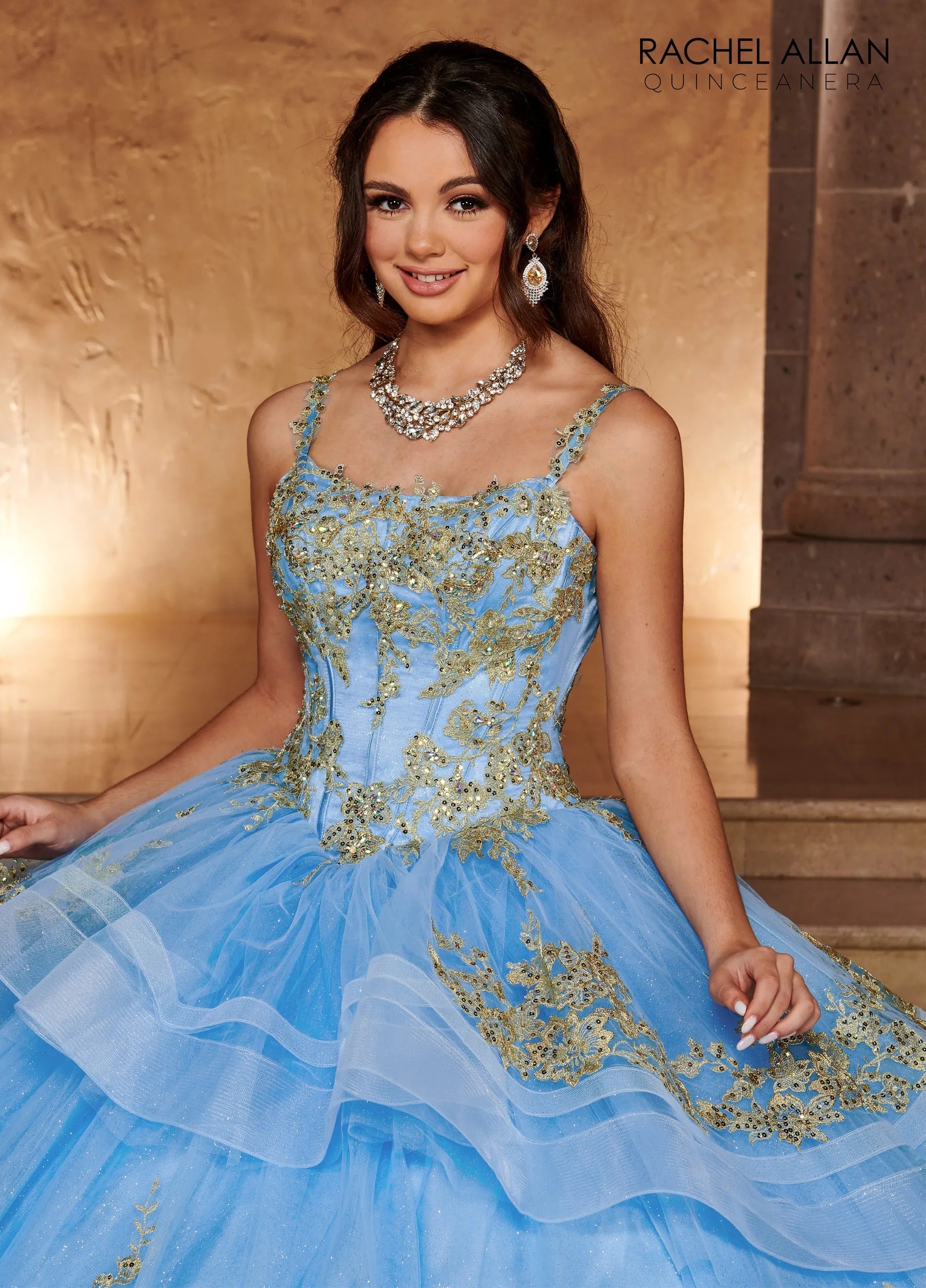 Azure Gold Scoop Neck Floor Length Glitter Tulle Quinceanera Ball Gown with Tiered Skirt Rachel Allan RQ2169