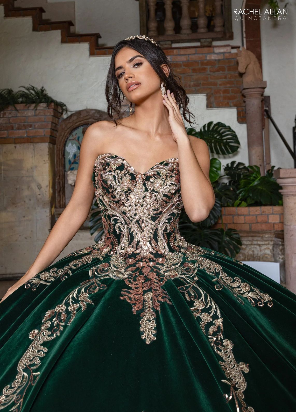 Emerald Gold Sweetheart Floor Length Velvet Quinceanera Ball Gown with Metallic Embroidery Rachel Allan RQ3160