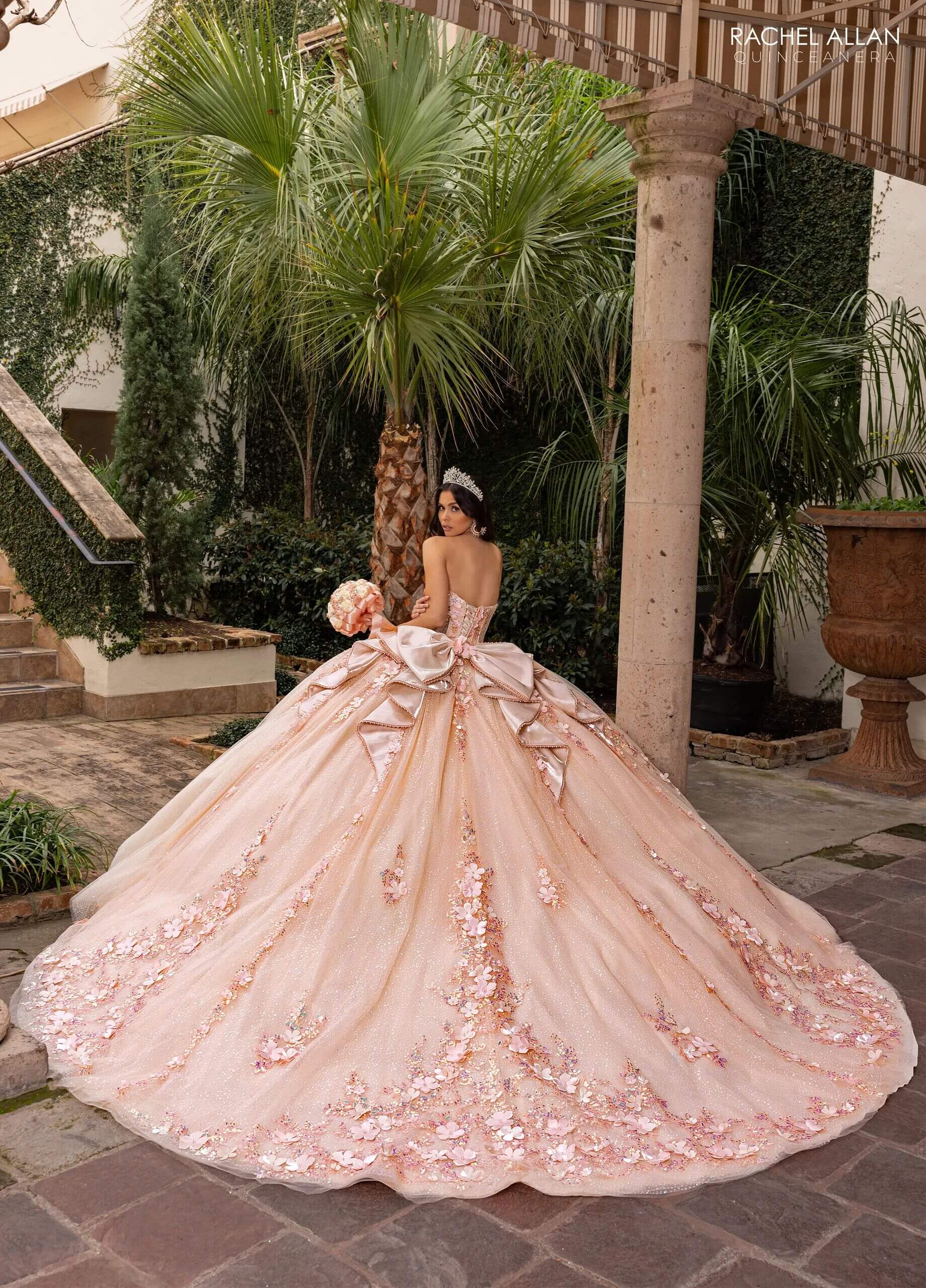 Champagne Sweetheart Floor Length Glitter Tulle Quinceanera Ball Gown with 3D Floral Appliques Detachable Bow and Optional Rachel Allan RQ3162