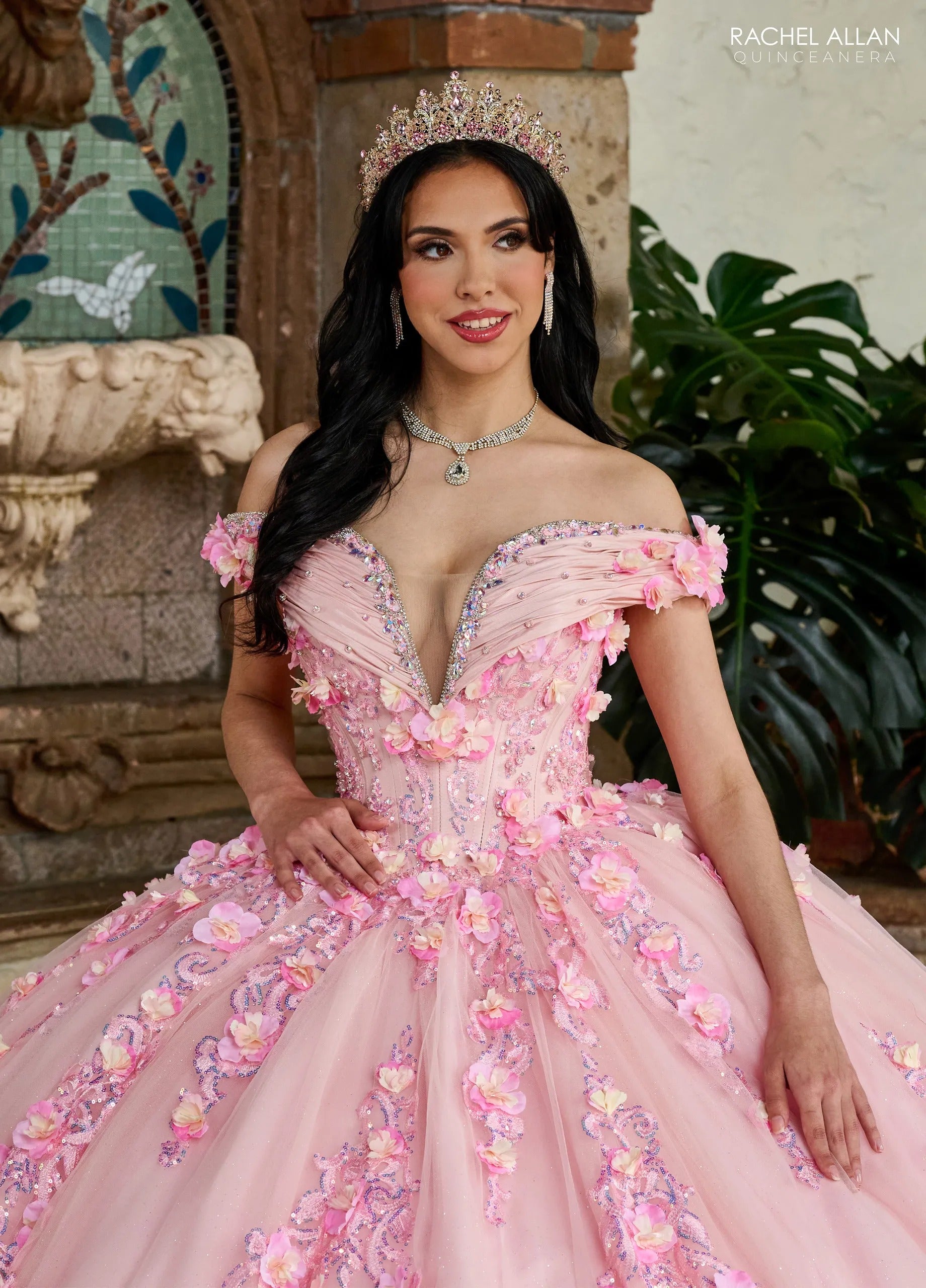 Blush Off the Shoulder Floor Length Taffeta Quinceanera Ball Gown with Floral Embroidery Rachel Allan RQ2204