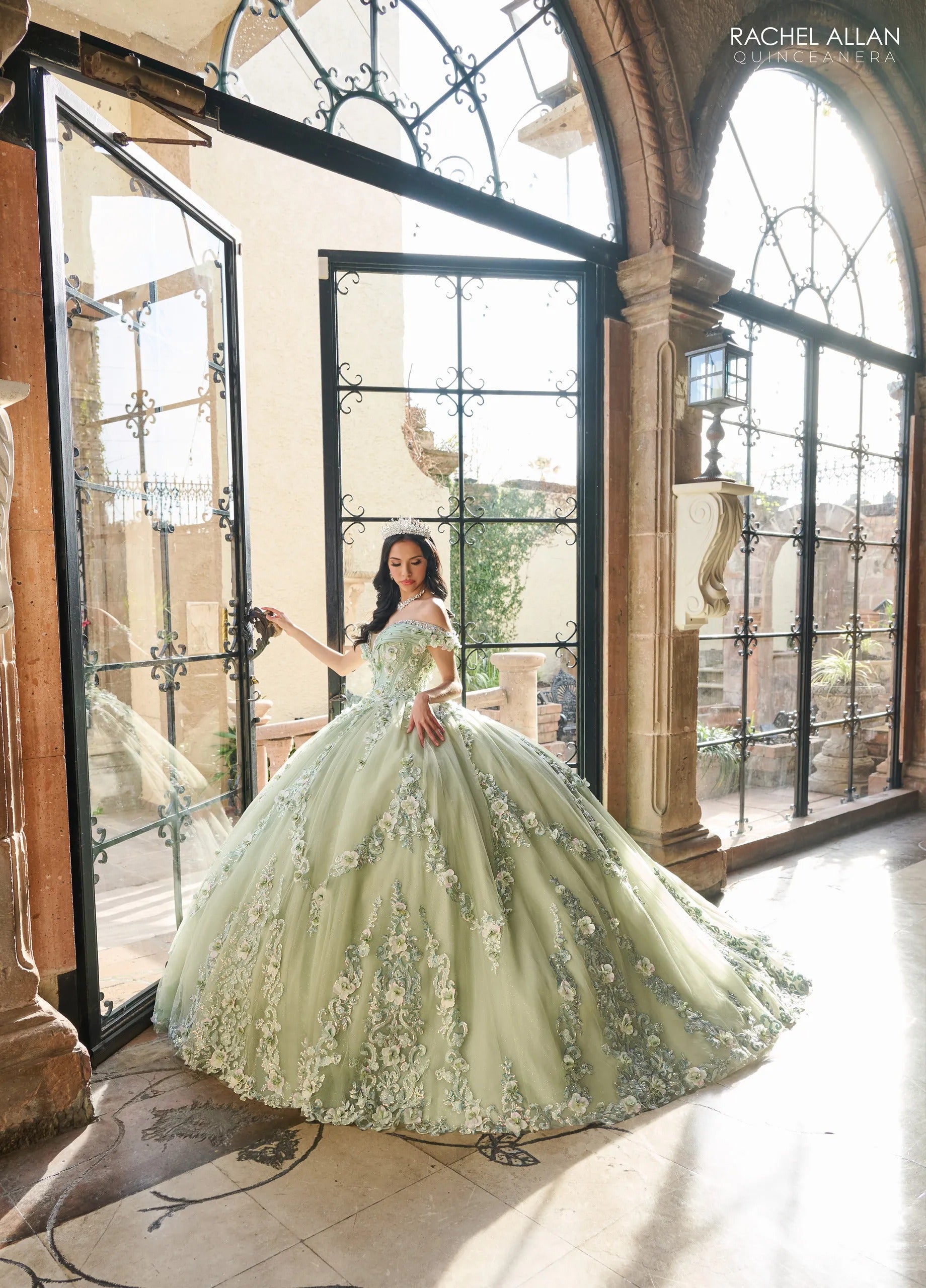 Sage Off the Shoulder Floor Length Taffeta Quinceanera Ball Gown with Floral Embroidery Rachel Allan RQ2204