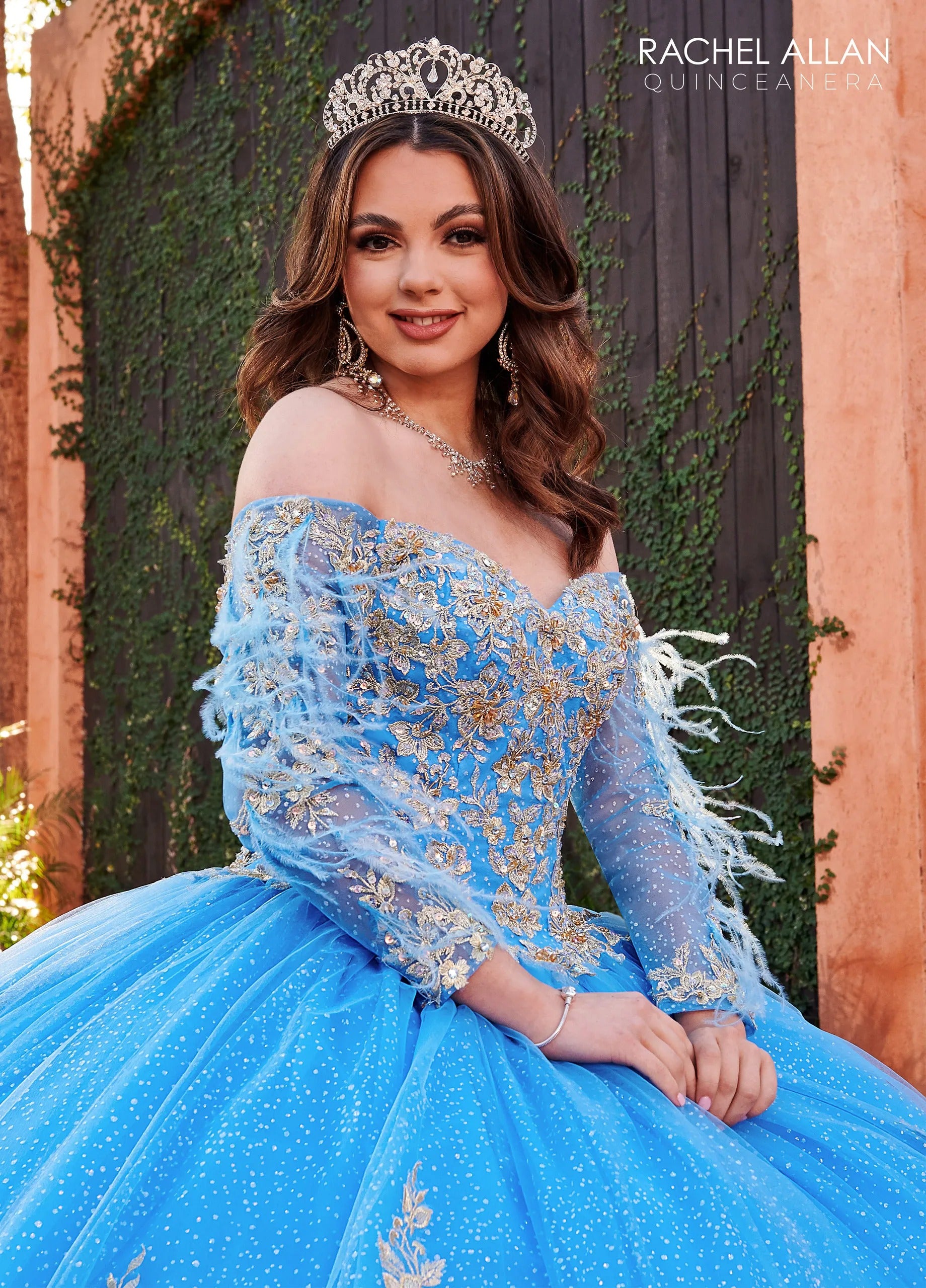 Azure Gold Sweetheart Floor Length Glitter Tulle Quinceanera Ball Gown with Feather Cape Rachel Allan RQ2167