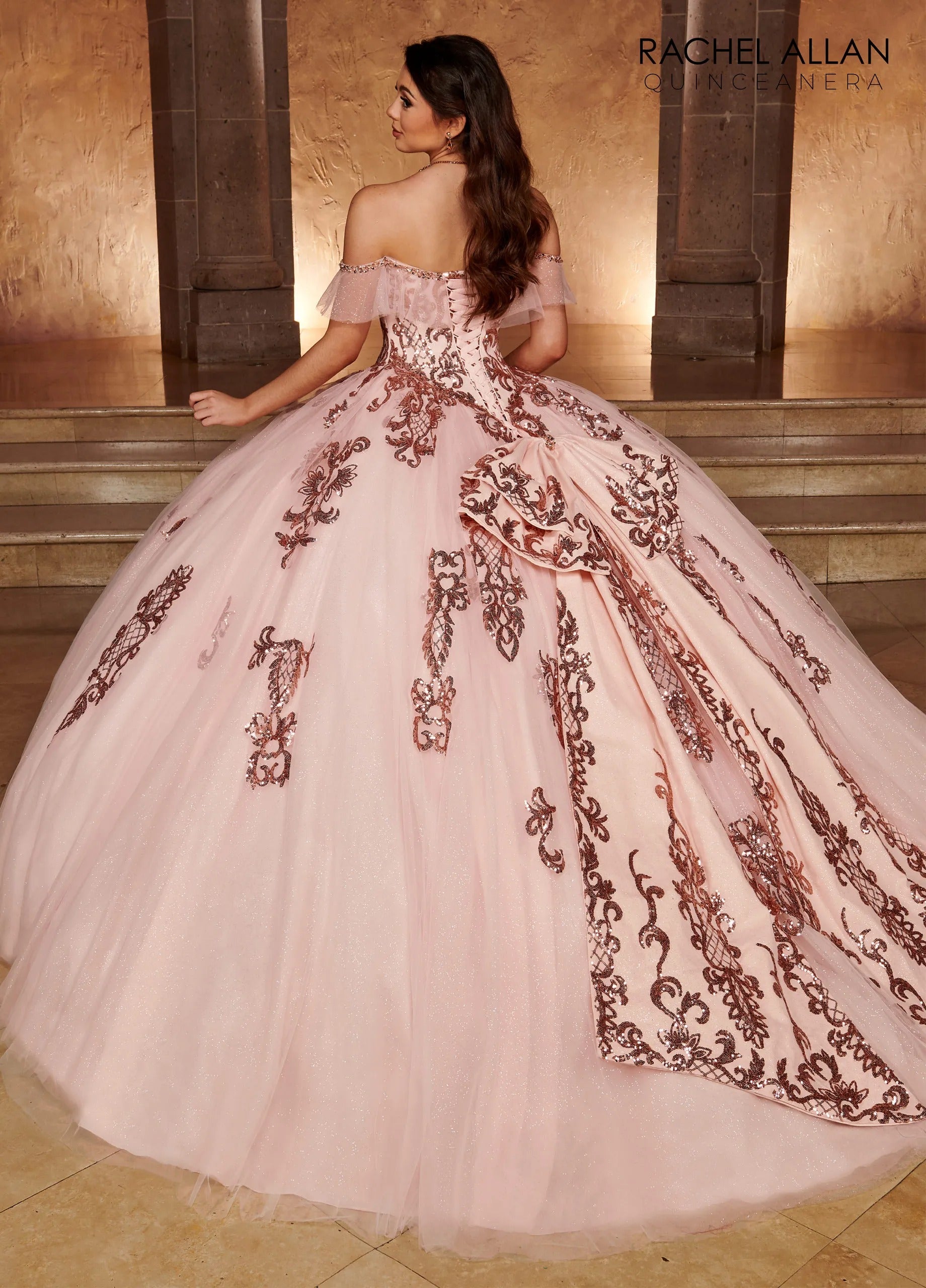Blush Rose Gold Scoop Neck Floor Length Glitter Tulle Quinceanera Ball Gown with Detachable Bow Rachel Allan RQ2166