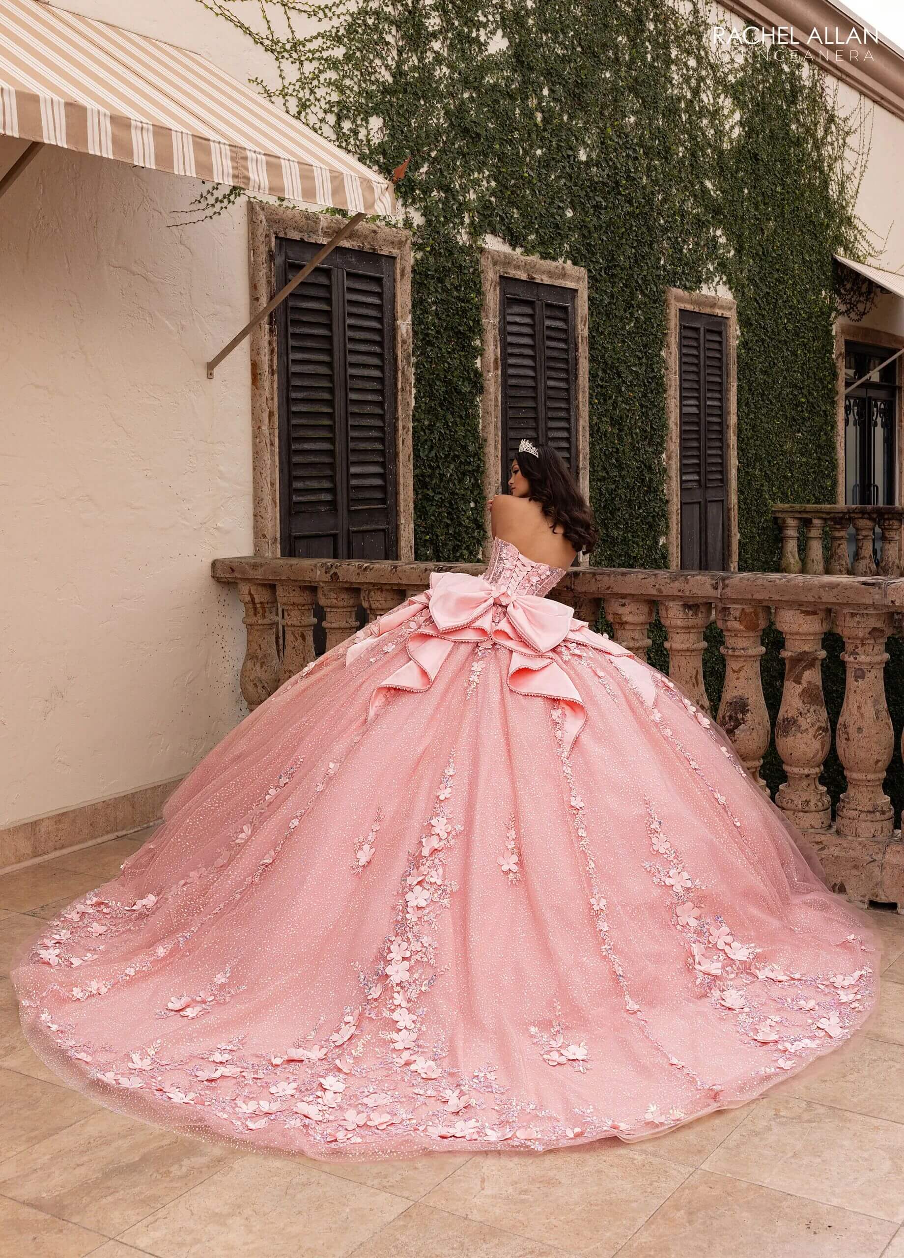 Blush Sweetheart Floor Length Glitter Tulle Quinceanera Ball Gown with 3D Floral Appliques Detachable Bow and Optional Rachel Allan RQ3162