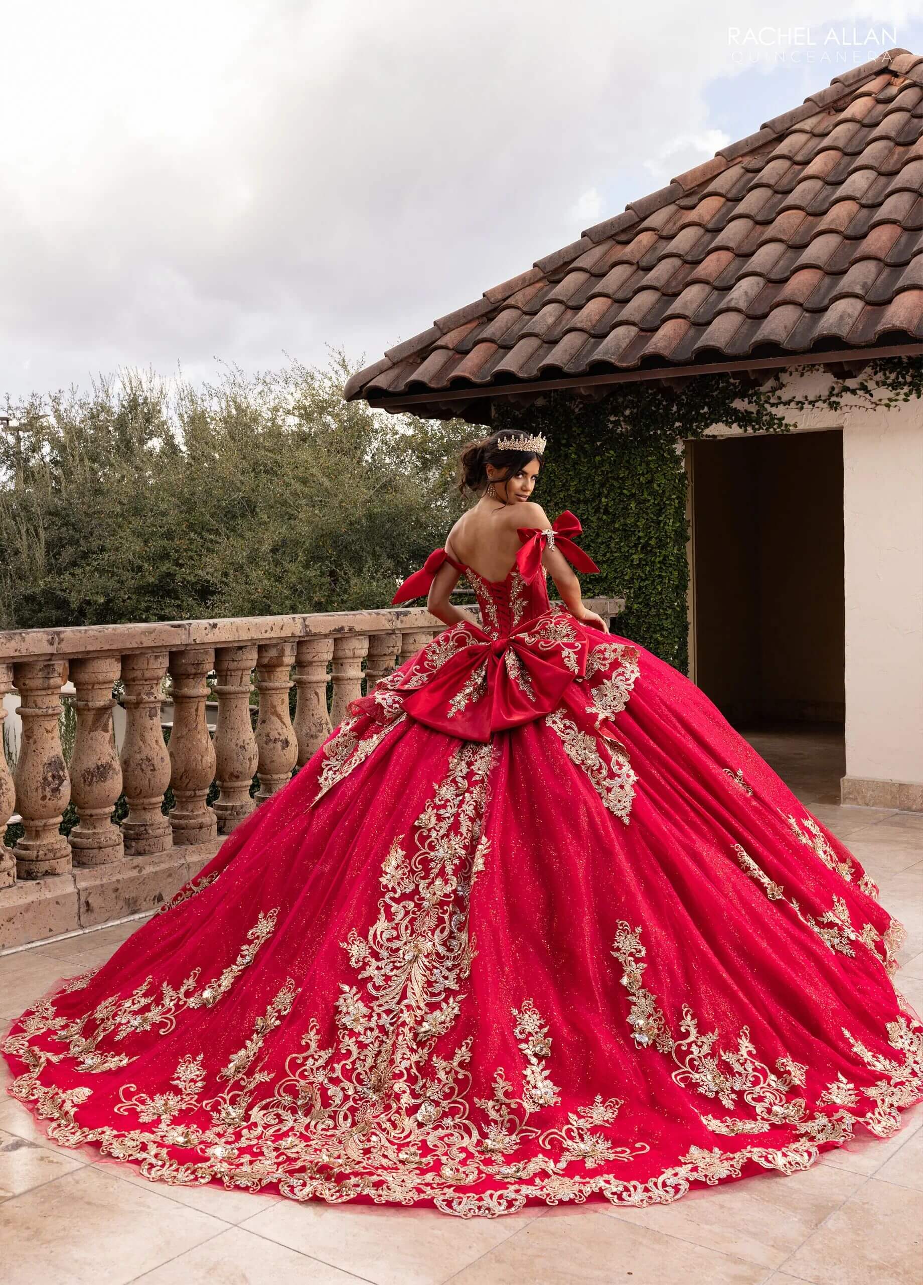 Red Gold Off the Shoulder Floor Length Glitter Tulle Quinceanera Ball Gown with 3D Floral Appliques and Detachable Rachel Allan RQ3155