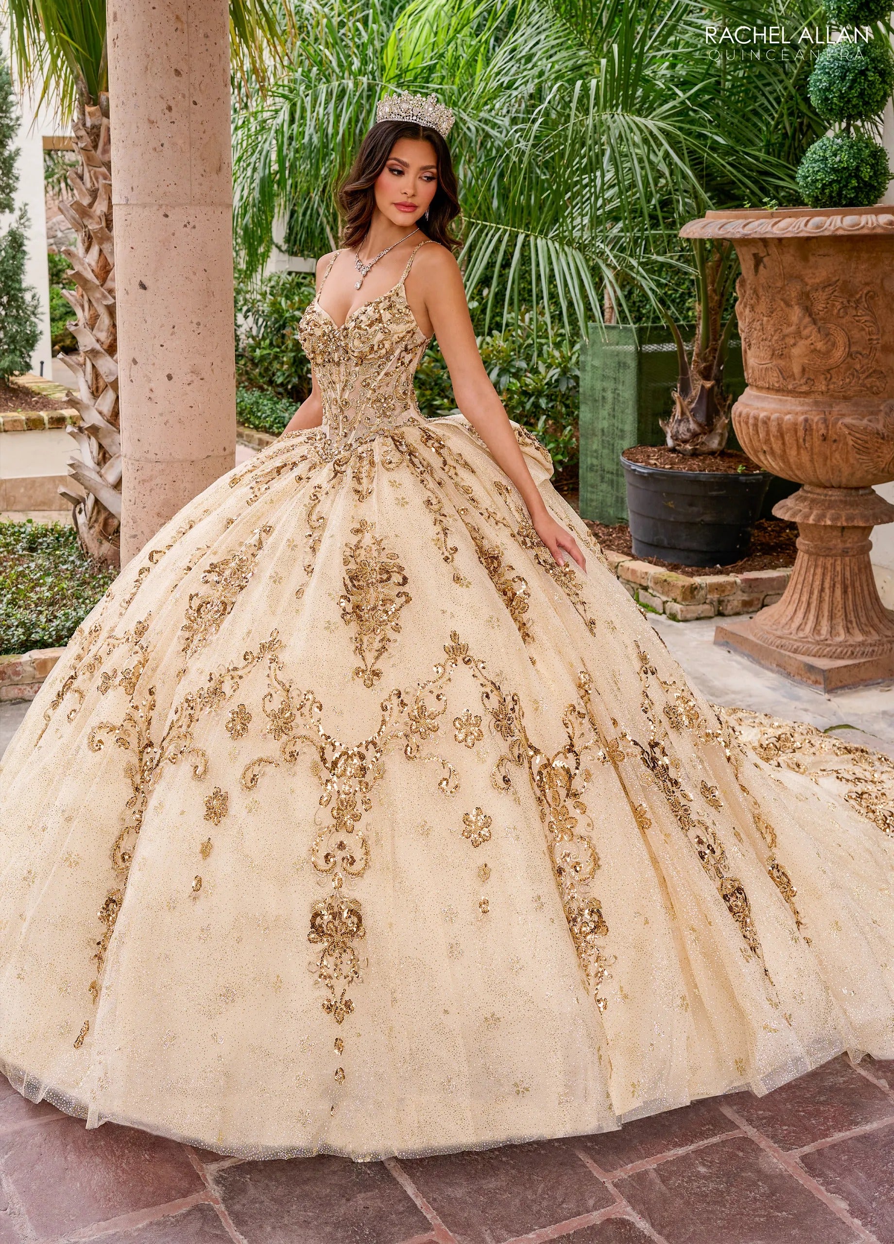 Champagne Gold Sweetheart Floor Length Glitter Tulle Quinceanera Ball Gown with Metallic Appliques Rachel Allan RQ2202