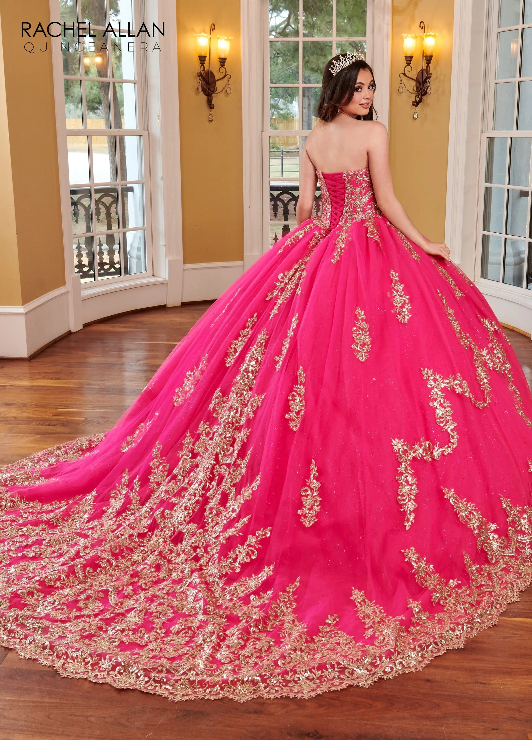 Fuchsia Gold Sweetheart Floor Length Glitter Tulle Quinceanera Ball Gown with Cathedral Train Rachel Allan RQ2170