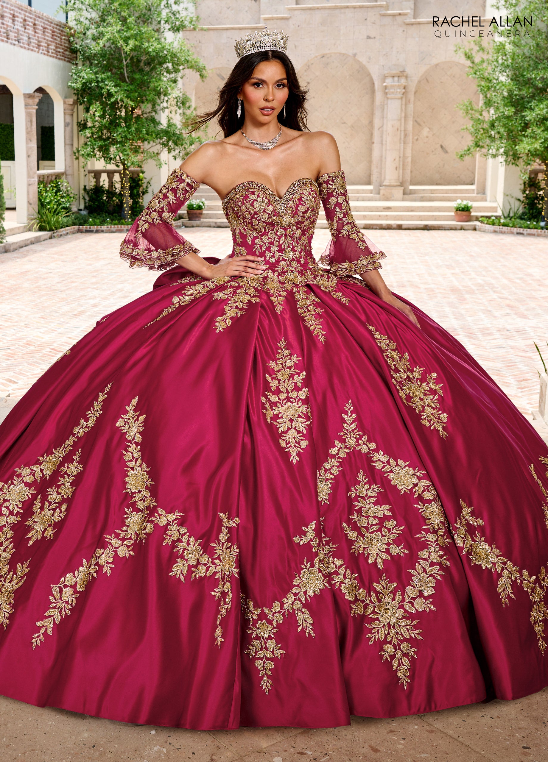 Burgundy Gold Rachel Allan RQ2217 Beaded Ball Gown Long