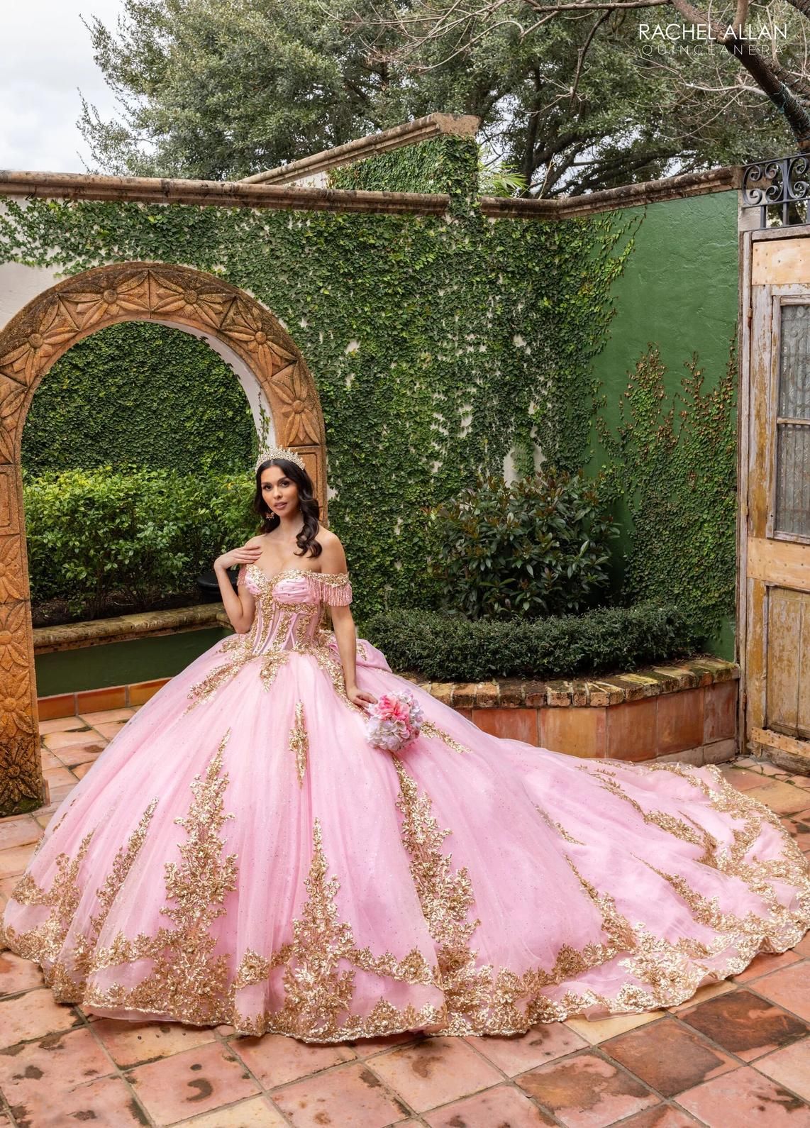 Blush Gold Sweetheart Floor Length Glitter Tulle Quinceanera Ball Gown with 3D Floral Applique Rachel Allan RQ2225