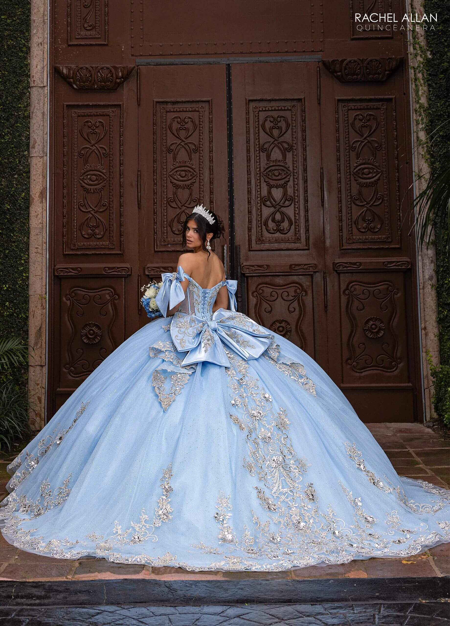 Cloud Blue Silver Off the Shoulder Floor Length Glitter Tulle Quinceanera Ball Gown with 3D Floral Appliques and Detachable Rachel Allan RQ3155
