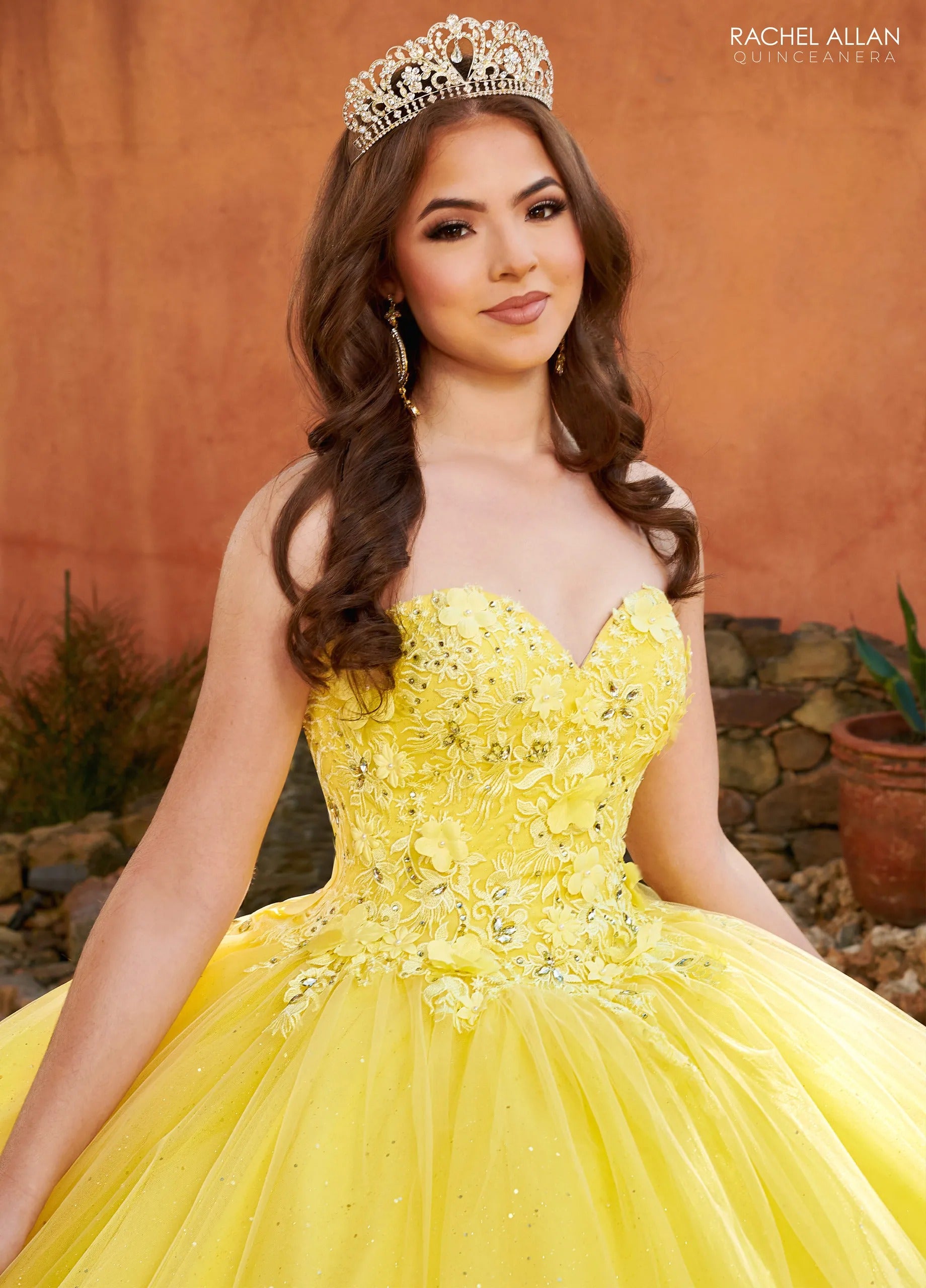Yellow Sweetheart Floor Length Tulle Quinceanera Ball Gown with 3D Flowers and Puff Sleeves Rachel Allan MQ2159