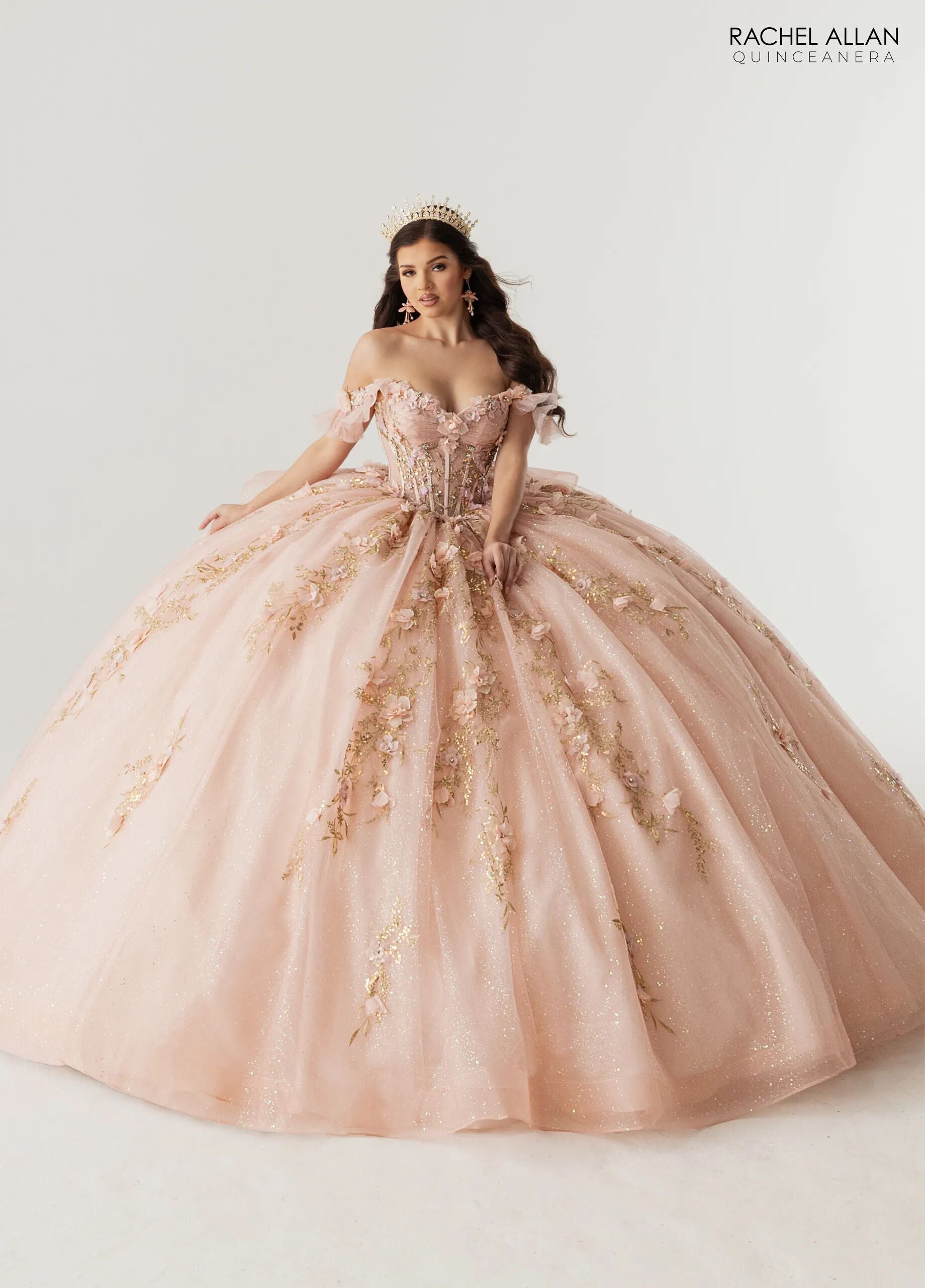 Rose Pink Gold Sweetheart Floor Length Glitter Tulle Quinceanera 3D Floral Applique Ball Gown Rachel Allan RQ2242