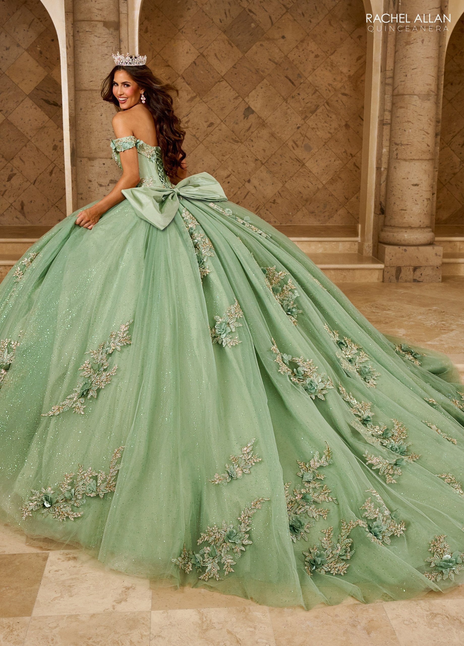 Quinceniera Dresses Long Glitter Ball Gown Lace Quinceanera Dress Sage