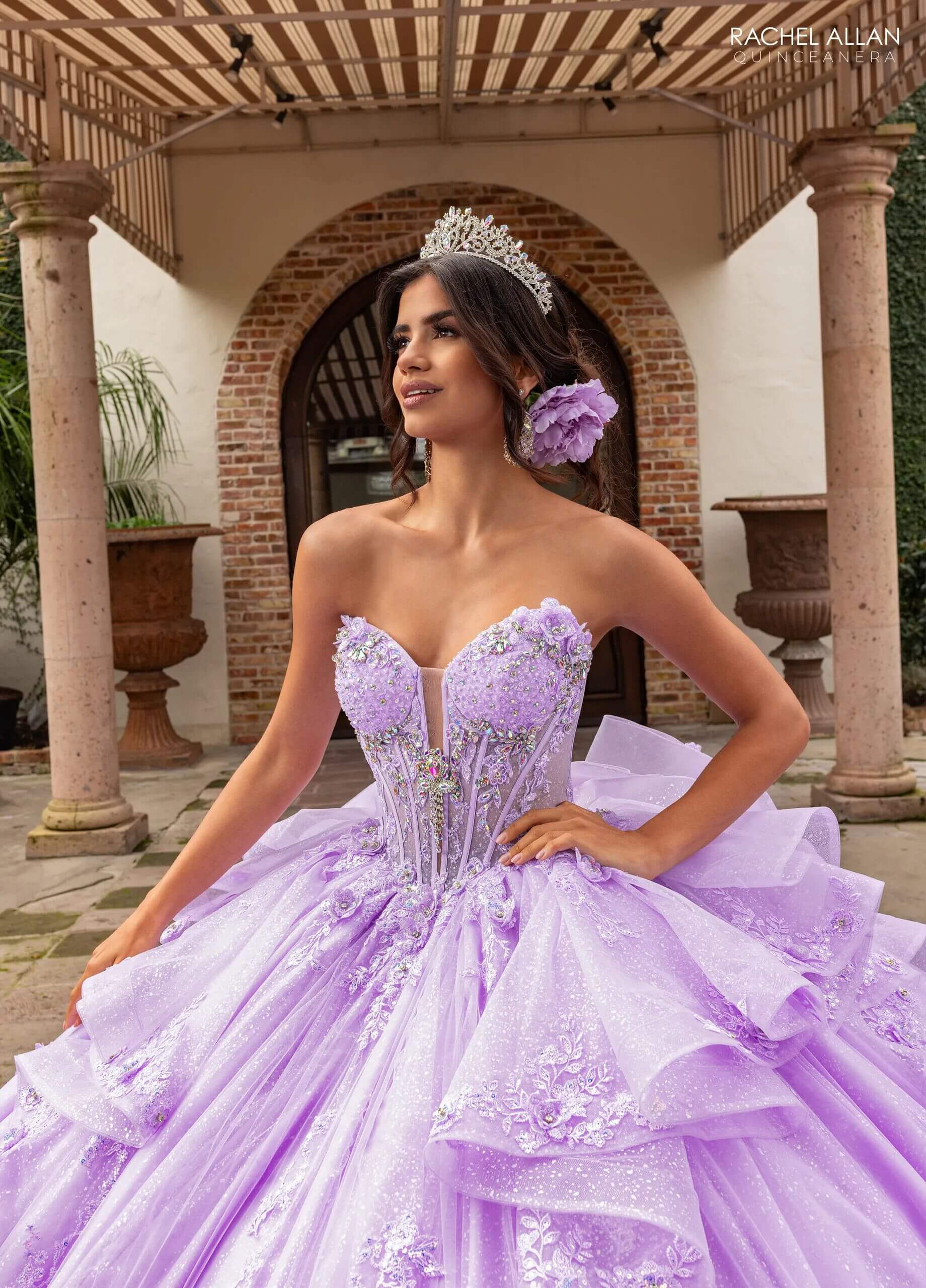 Lilac Iridescent Illusion Floor Length Glitter Tulle Quinceanera Ball Gown with Cap Sleeves and Floral Back Bow Rachel Allan RQ3163
