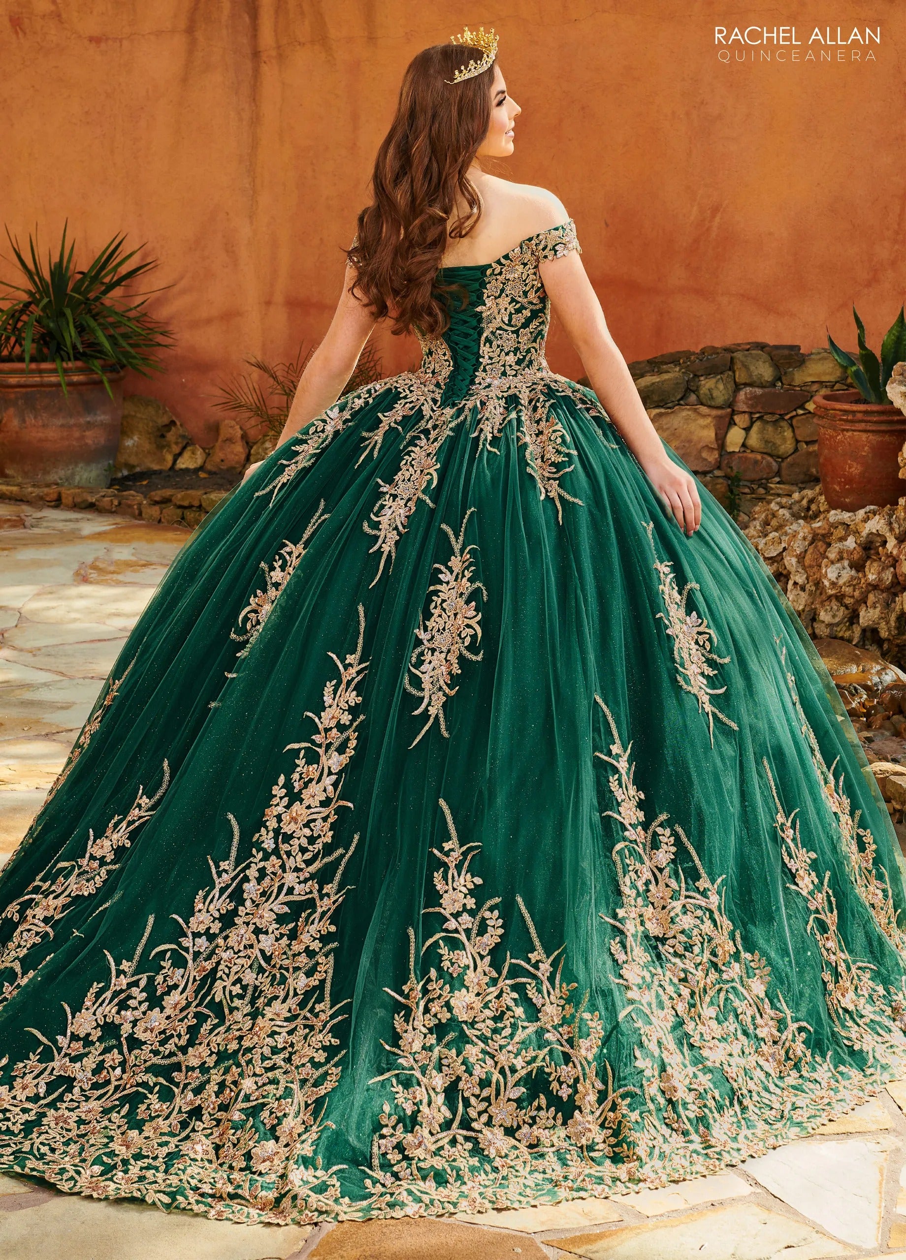 Emerald Rose Gold Off the Shoulder Floor Length Glitter Tulle Quinceanera Ball Gown with Beaded Applique Rachel Allan MQ2151