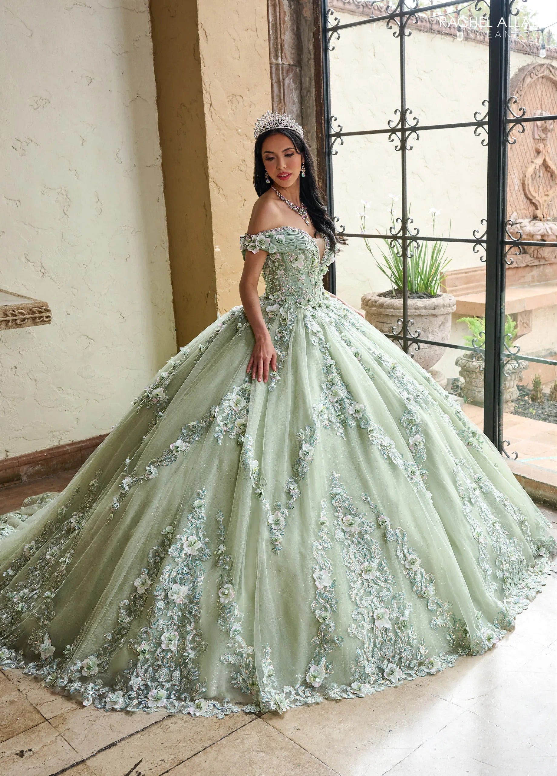 Sage Off the Shoulder Floor Length Taffeta Quinceanera Ball Gown with Floral Embroidery Rachel Allan RQ2204