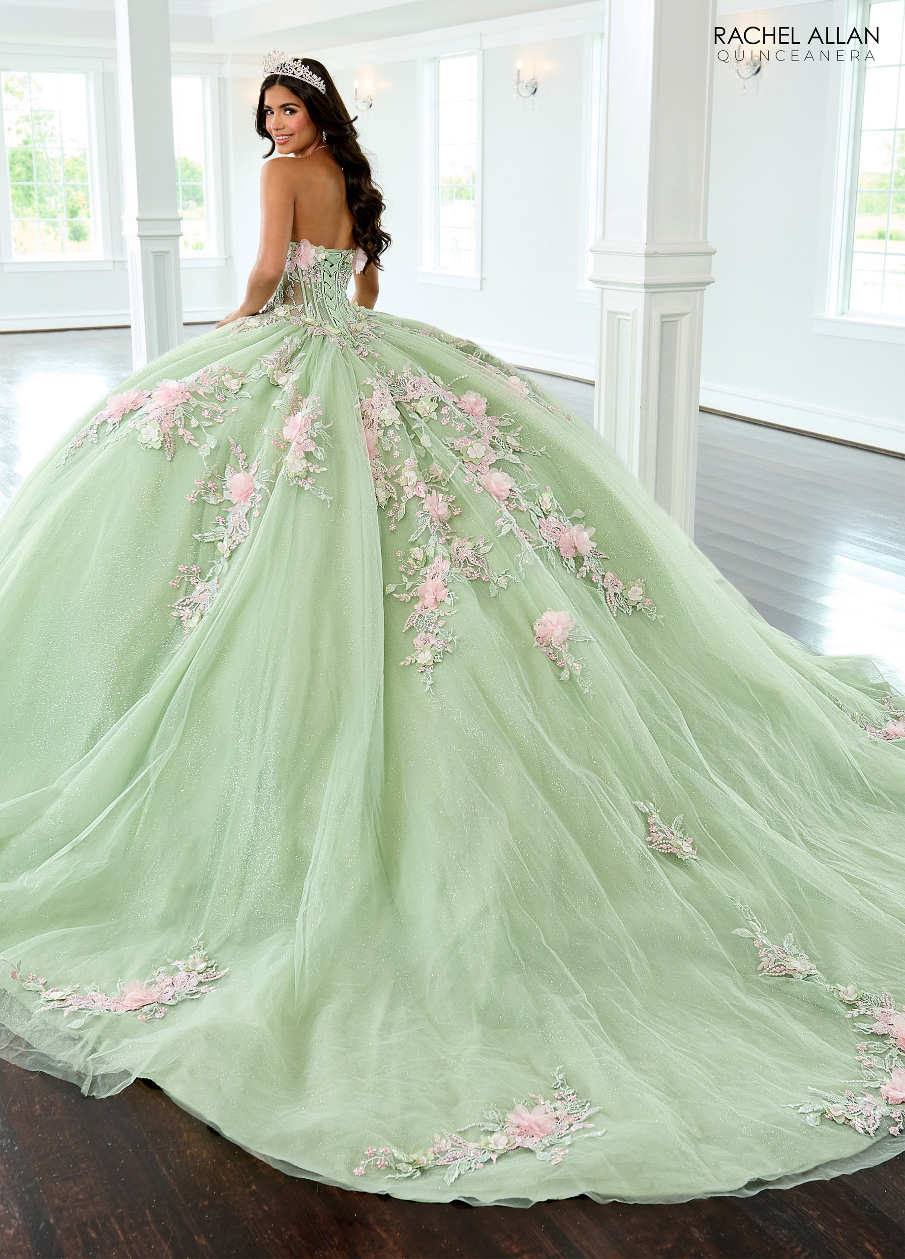 Quinceniera Dresses Ball Gown Glitter Long Floral Quinceanera Dress Sage Pink
