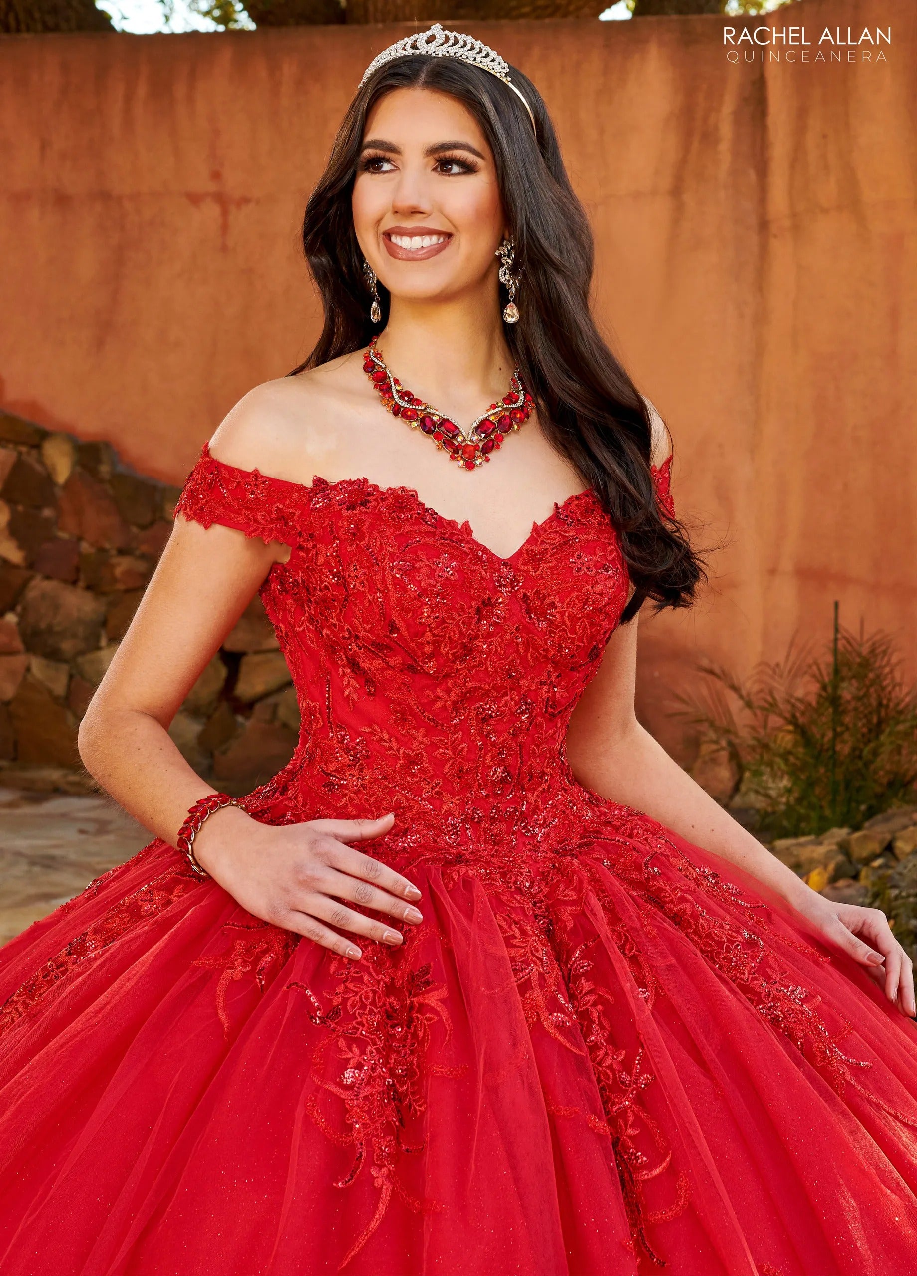 Red Off the Shoulder Floor Length Glitter Tulle Quinceanera Ball Gown with Beaded Applique Rachel Allan MQ2151