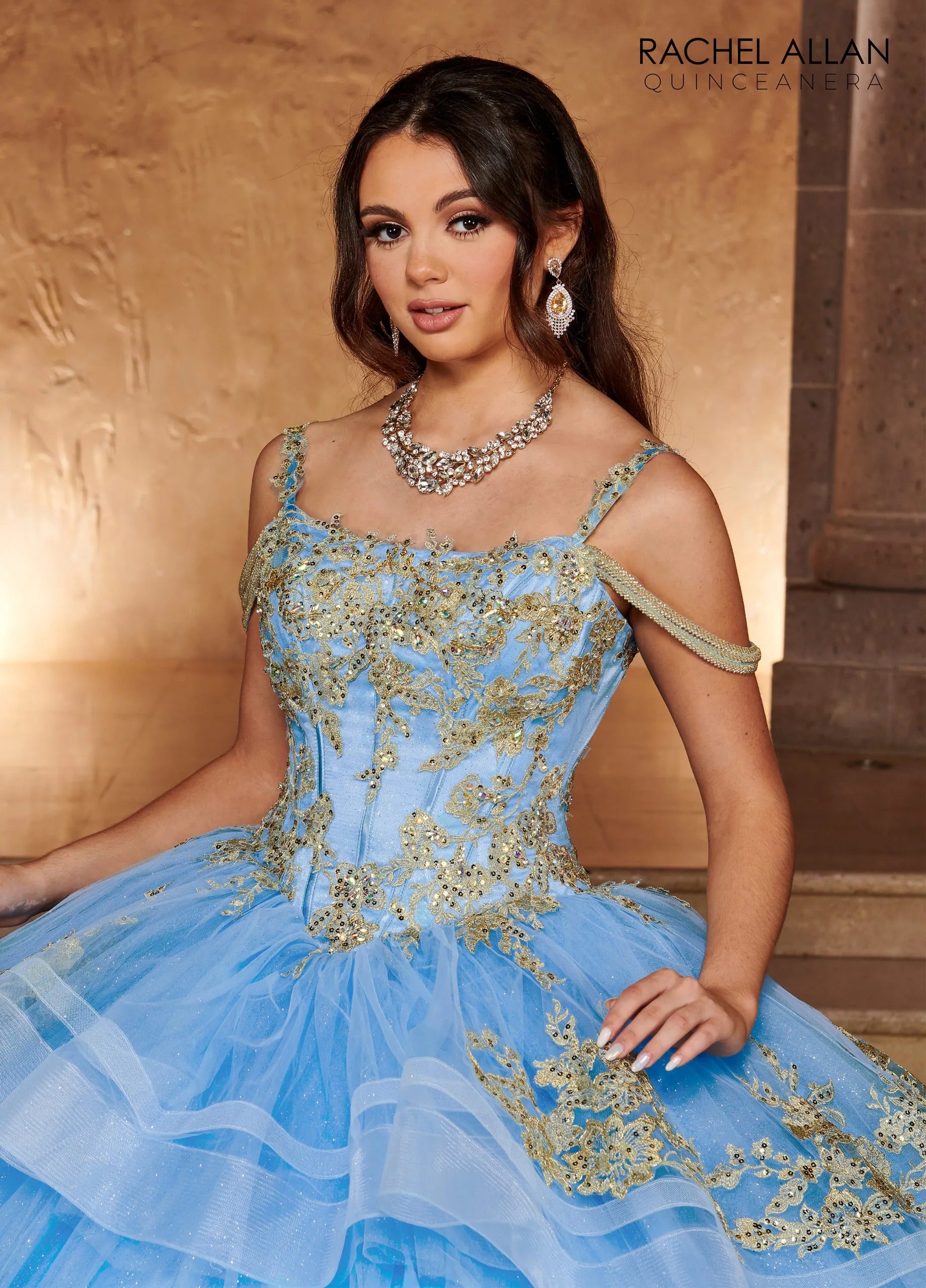 Azure Gold Scoop Neck Floor Length Glitter Tulle Quinceanera Ball Gown with Tiered Skirt Rachel Allan RQ2169