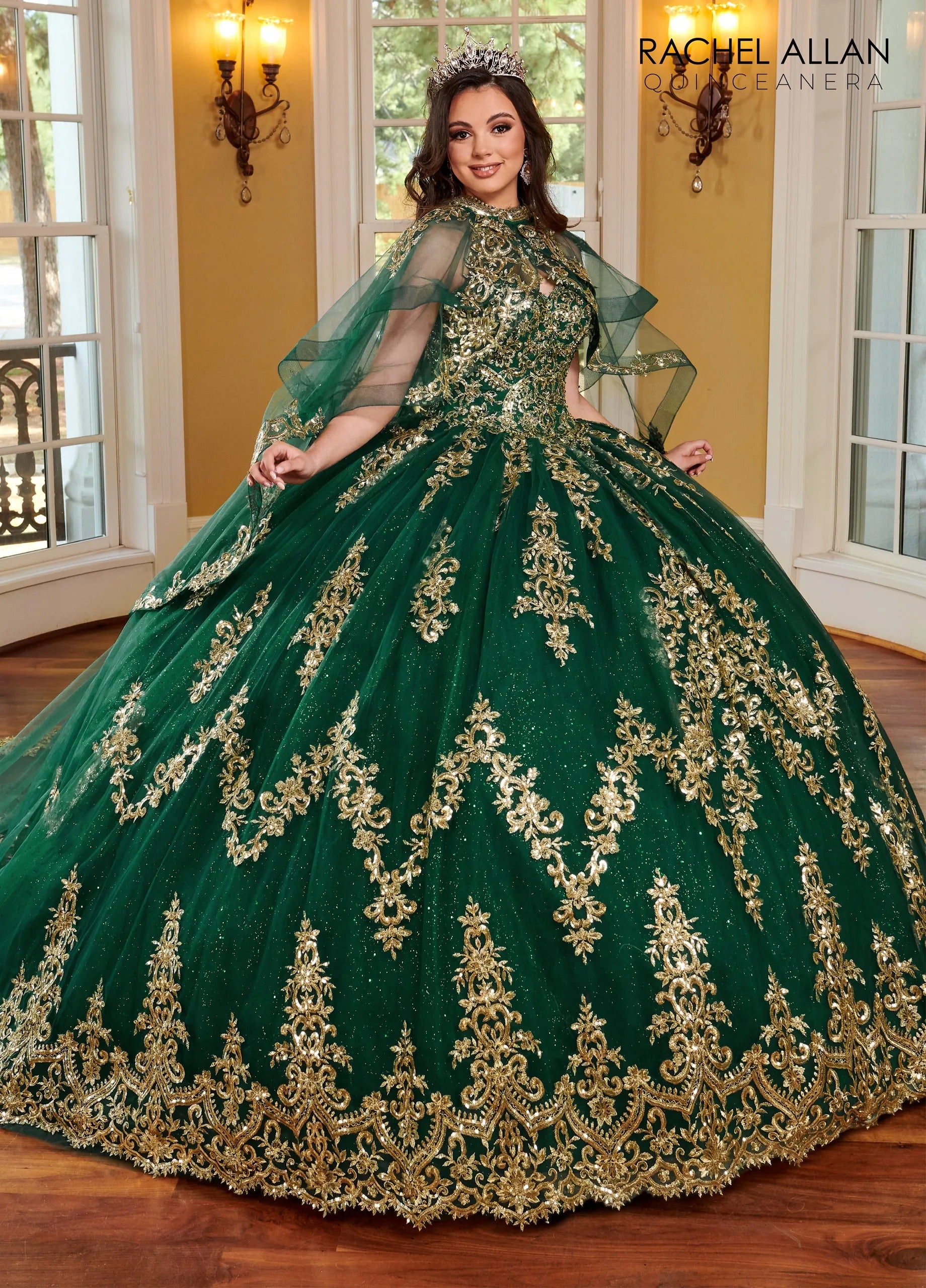 Emerald Gold Sweetheart Floor Length Glitter Tulle Quinceanera Ball Gown with Cathedral Train Rachel Allan RQ2170
