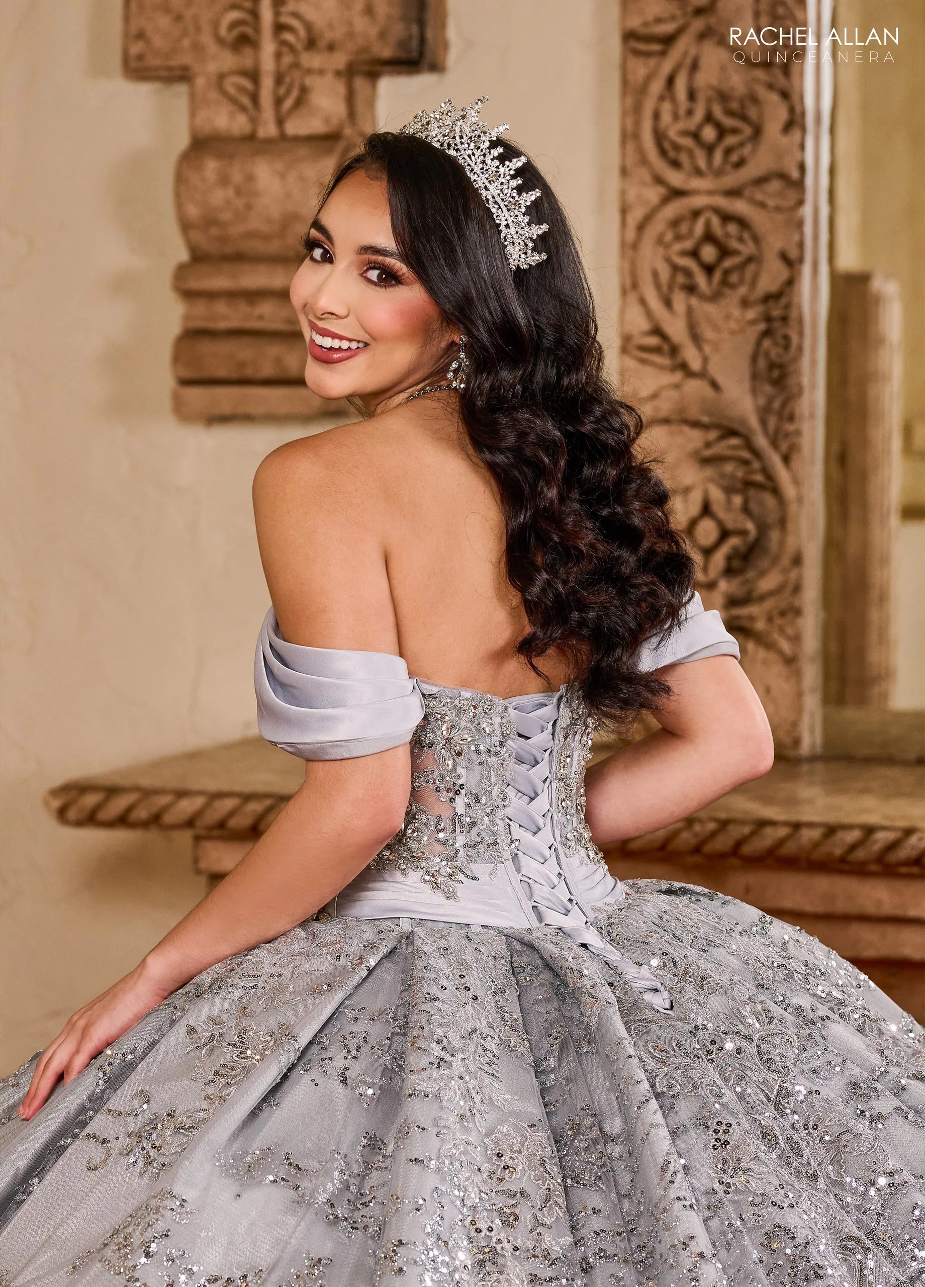 Silver Off the Shoulder Floor Length Glitter Tulle Quinceanera Ball Gown with Embroidered Applique Rachel Allan RQ2194