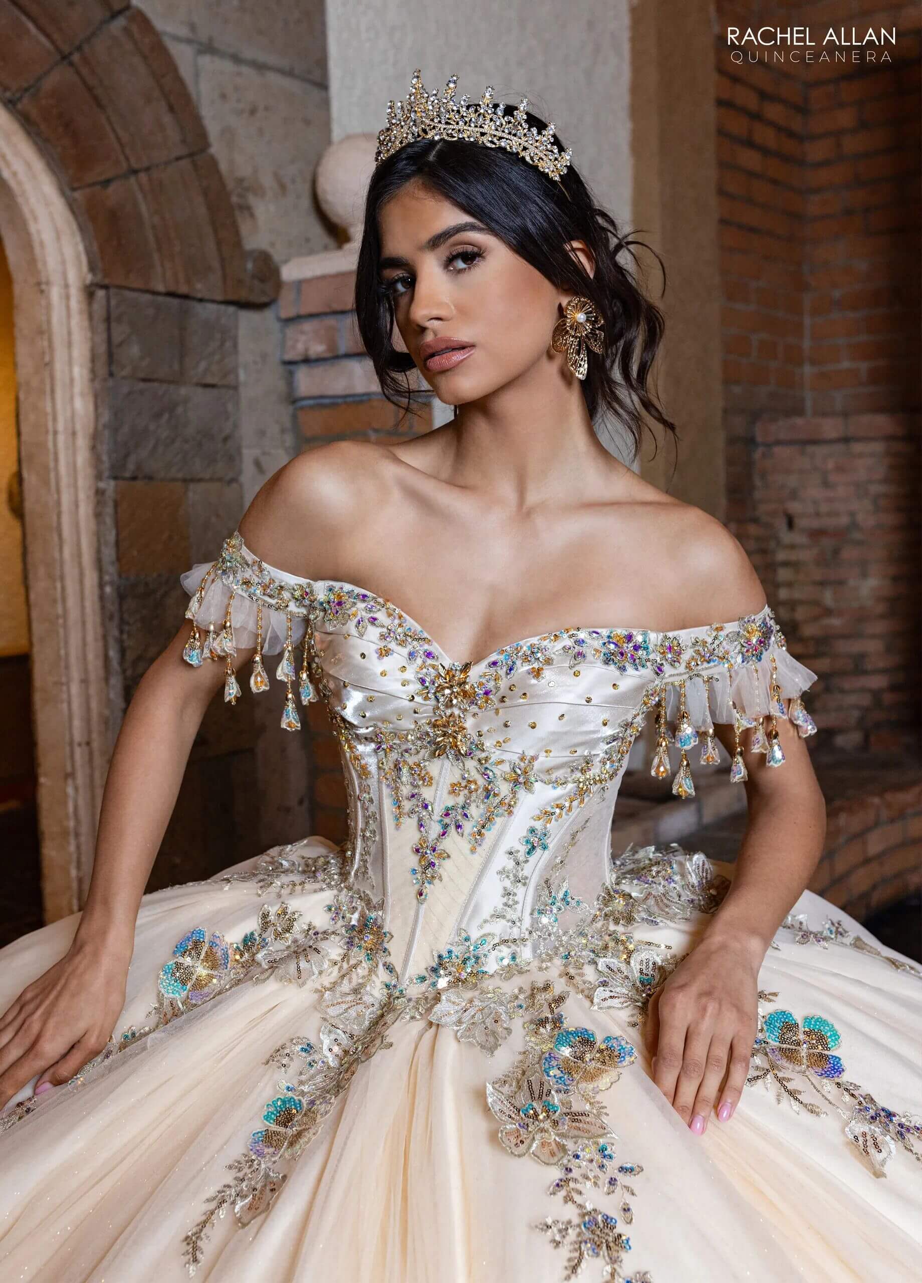 Champagne Gold Off the Shoulder Floor Length Glitter Tulle Quinceanera Ball Gown with Detachable Necklace and Bodice Liner Rachel Allan RQ2228