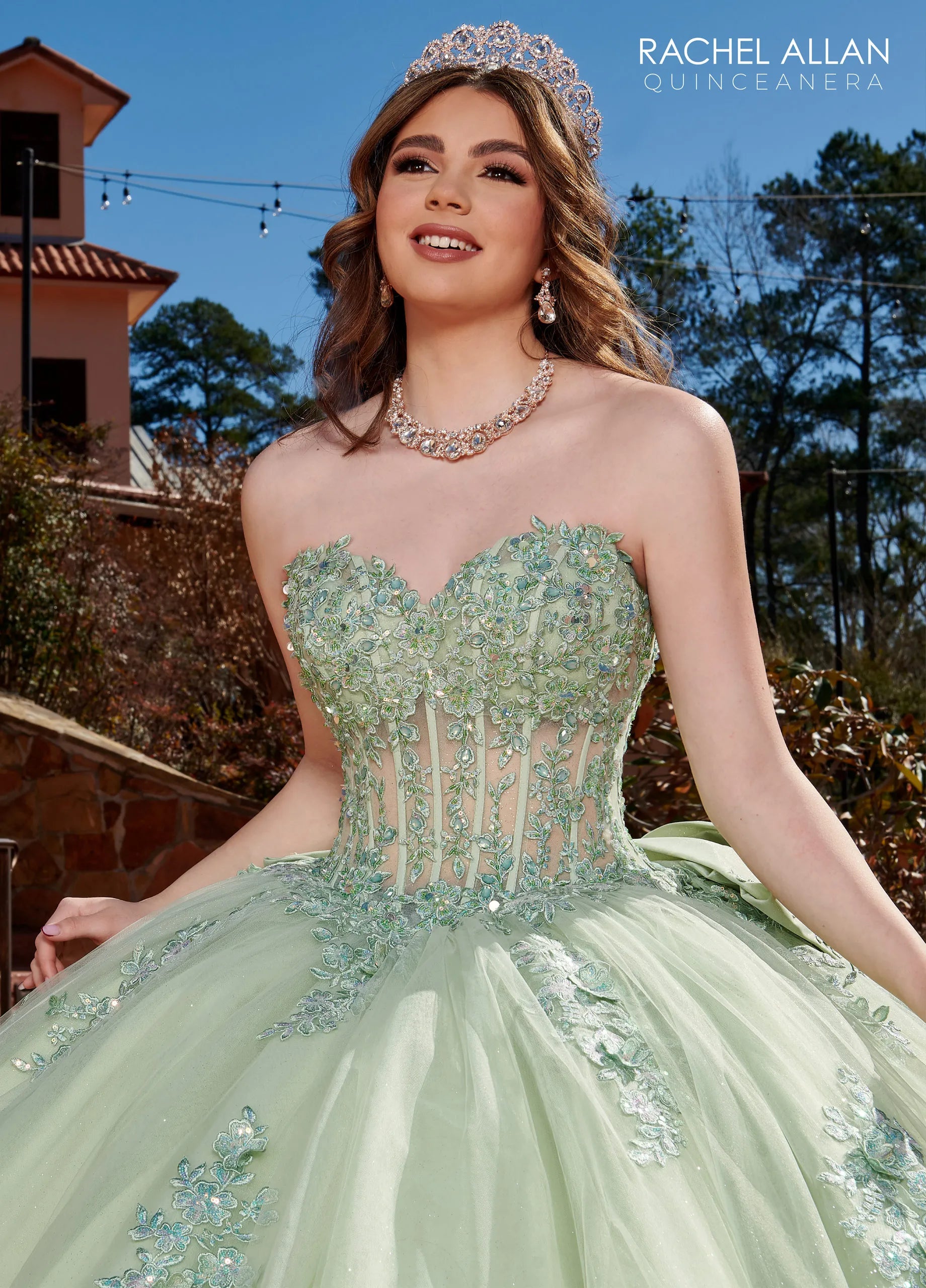 Sage Sweetheart Floor-Length Glitter Tulle Quinceanera Ball Gown with Detachable Feather Sleeves Rachel Allan RQ2171