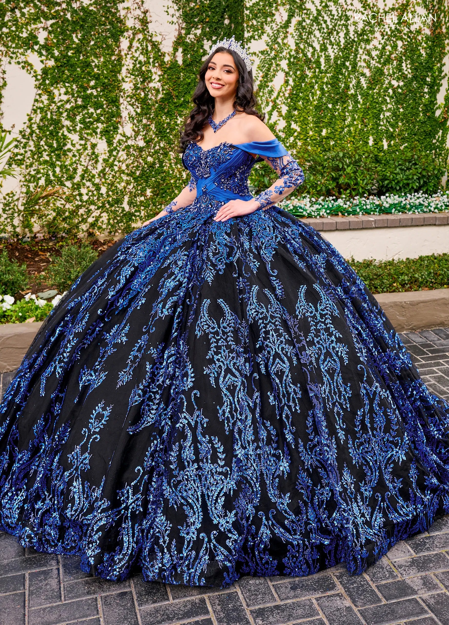 Black Royal Off the Shoulder Floor Length Glitter Tulle Quinceanera Ball Gown with Embroidered Applique Rachel Allan RQ2194