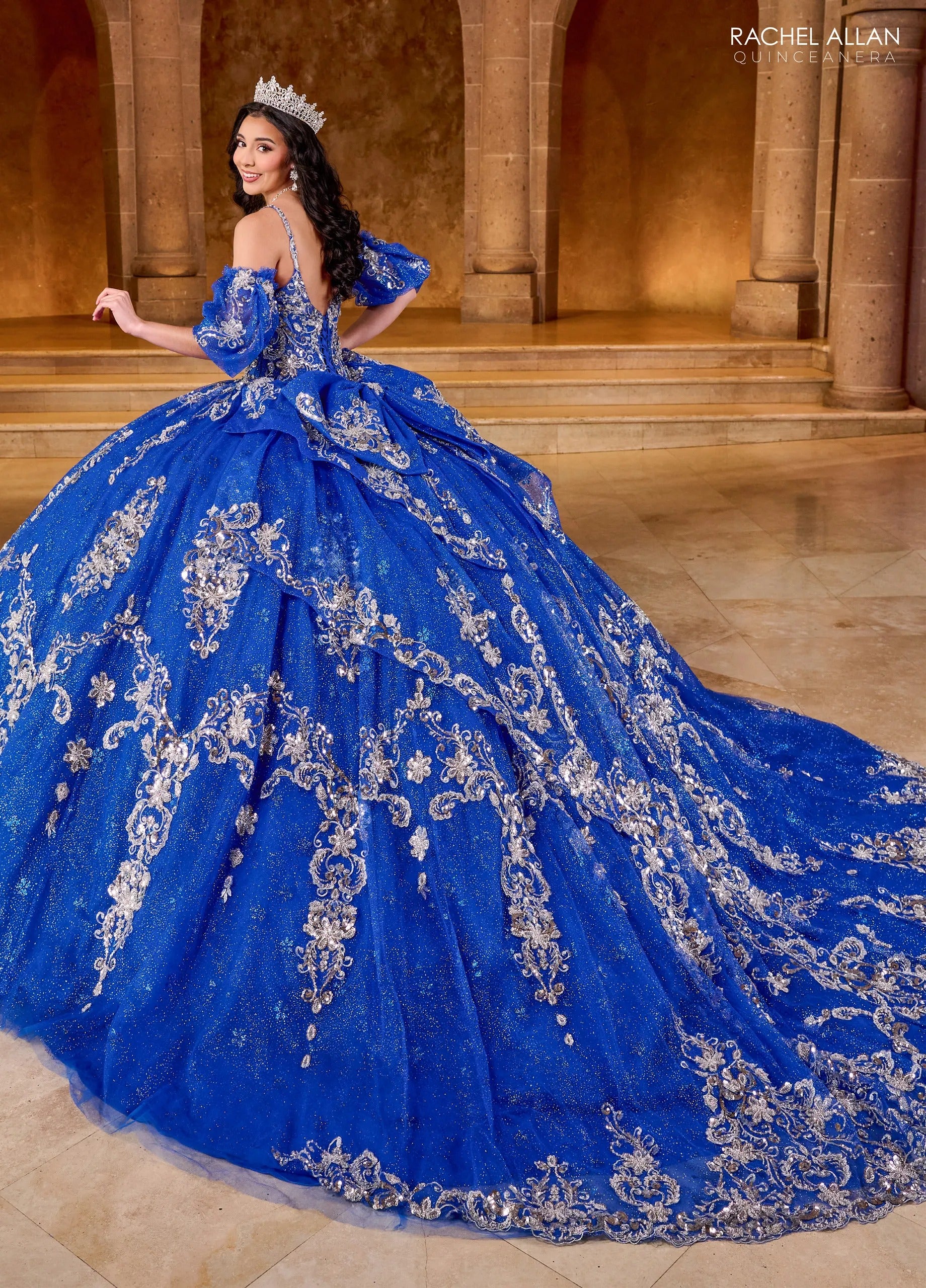 Royal Silver Sweetheart Floor Length Glitter Tulle Quinceanera Ball Gown with Metallic Appliques Rachel Allan RQ2202
