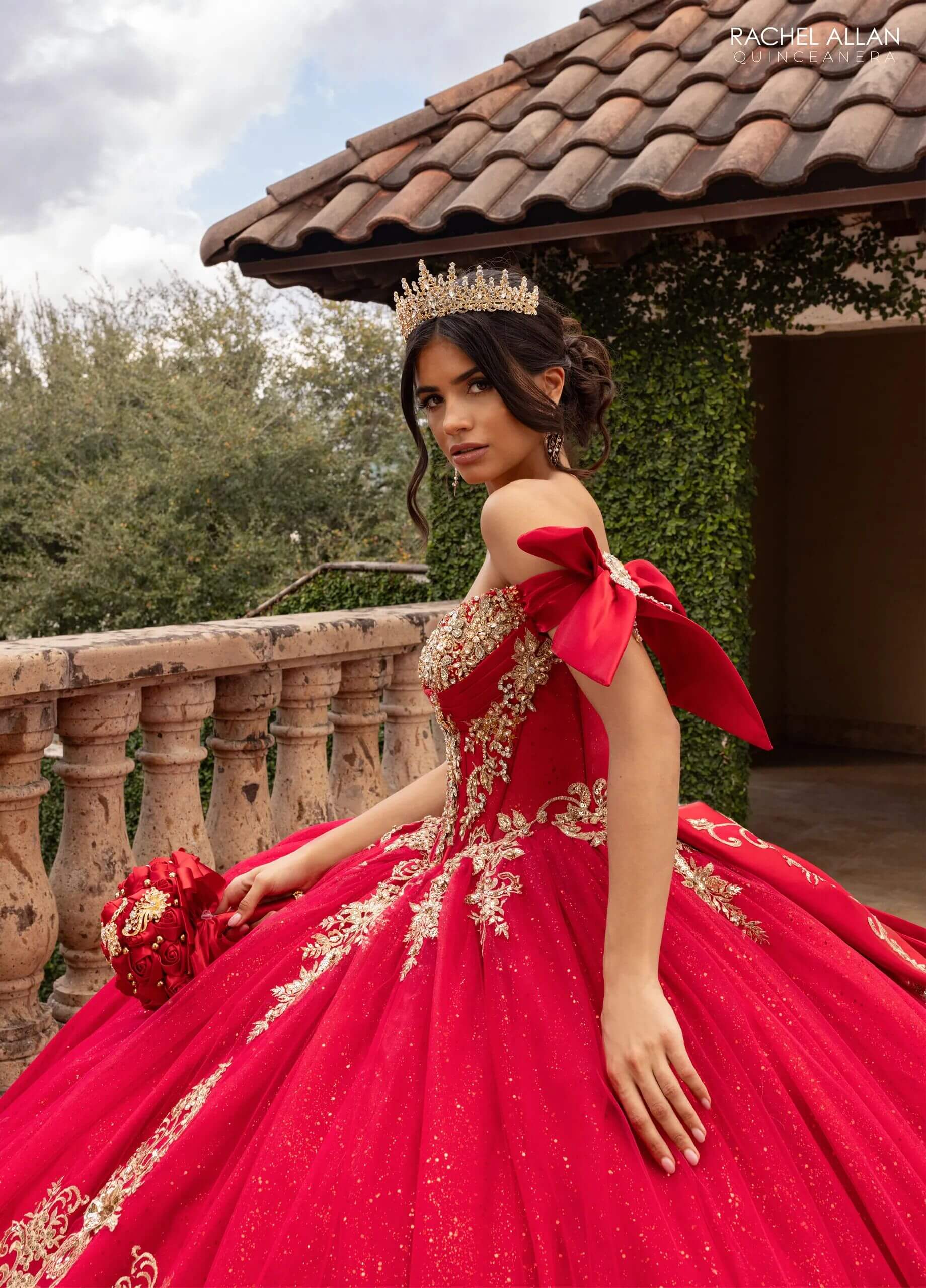 Red Gold Off the Shoulder Floor Length Glitter Tulle Quinceanera Ball Gown with 3D Floral Appliques and Detachable Rachel Allan RQ3155