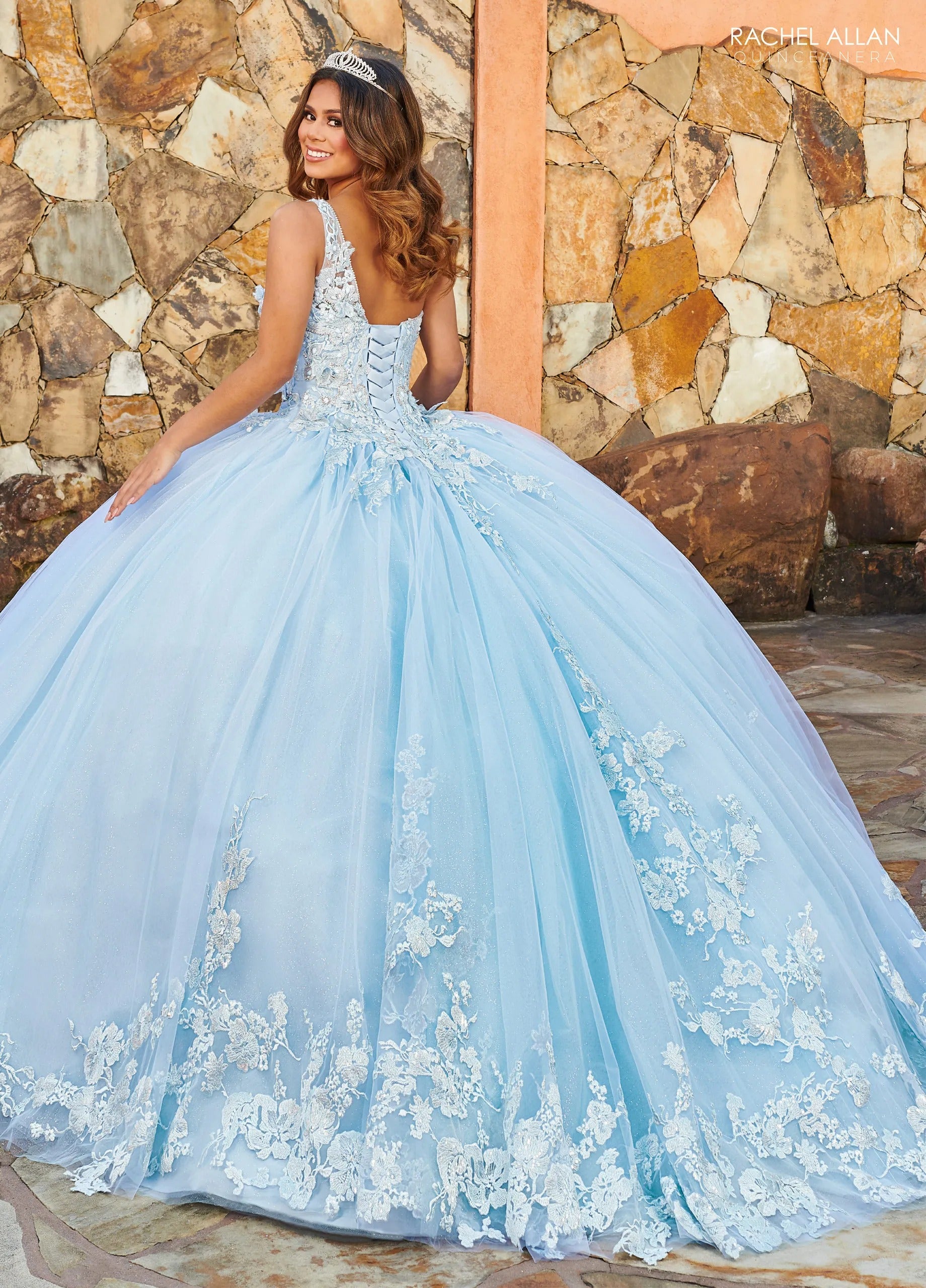 Light Blue One Shoulder Floor Length Glitter Tulle Quinceanera Ball Gown with Detachable Cape Rachel Allan MQ2152