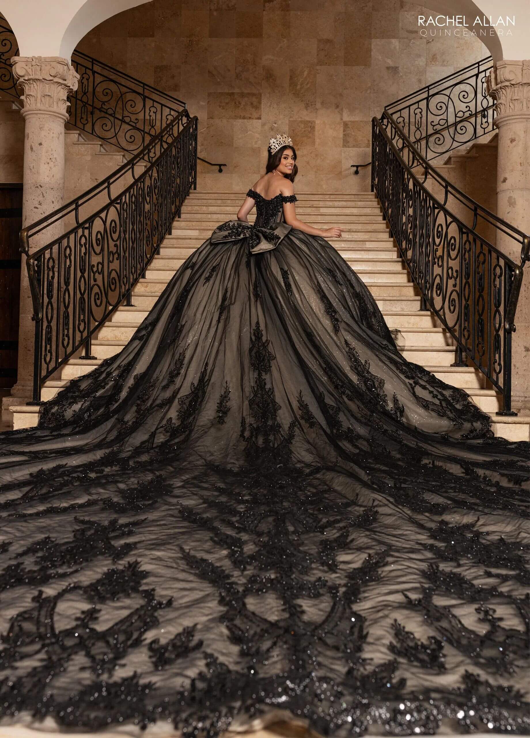 Black Champagne Off the Shoulder Floor Length Glitter Tulle Quinceanera Ball Gown Rachel Allan RQ2247