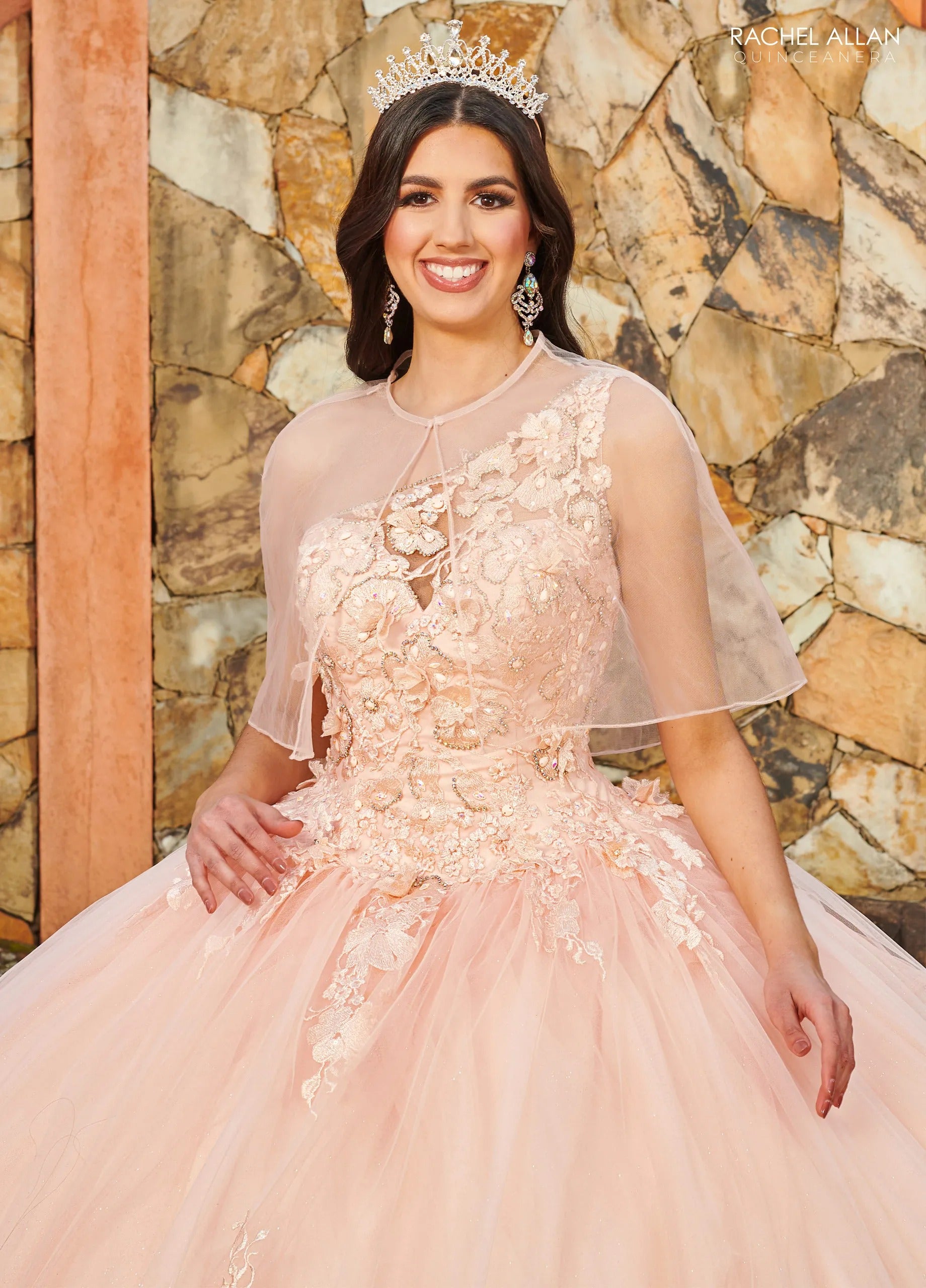Blush One Shoulder Floor Length Glitter Tulle Quinceanera Ball Gown with Detachable Cape Rachel Allan MQ2152